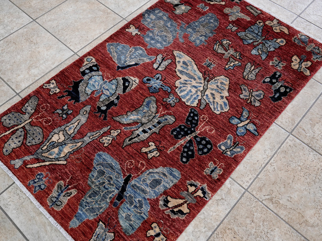 3x5 Ft Red Butterfly Rug - Hand Knotted Area Rug