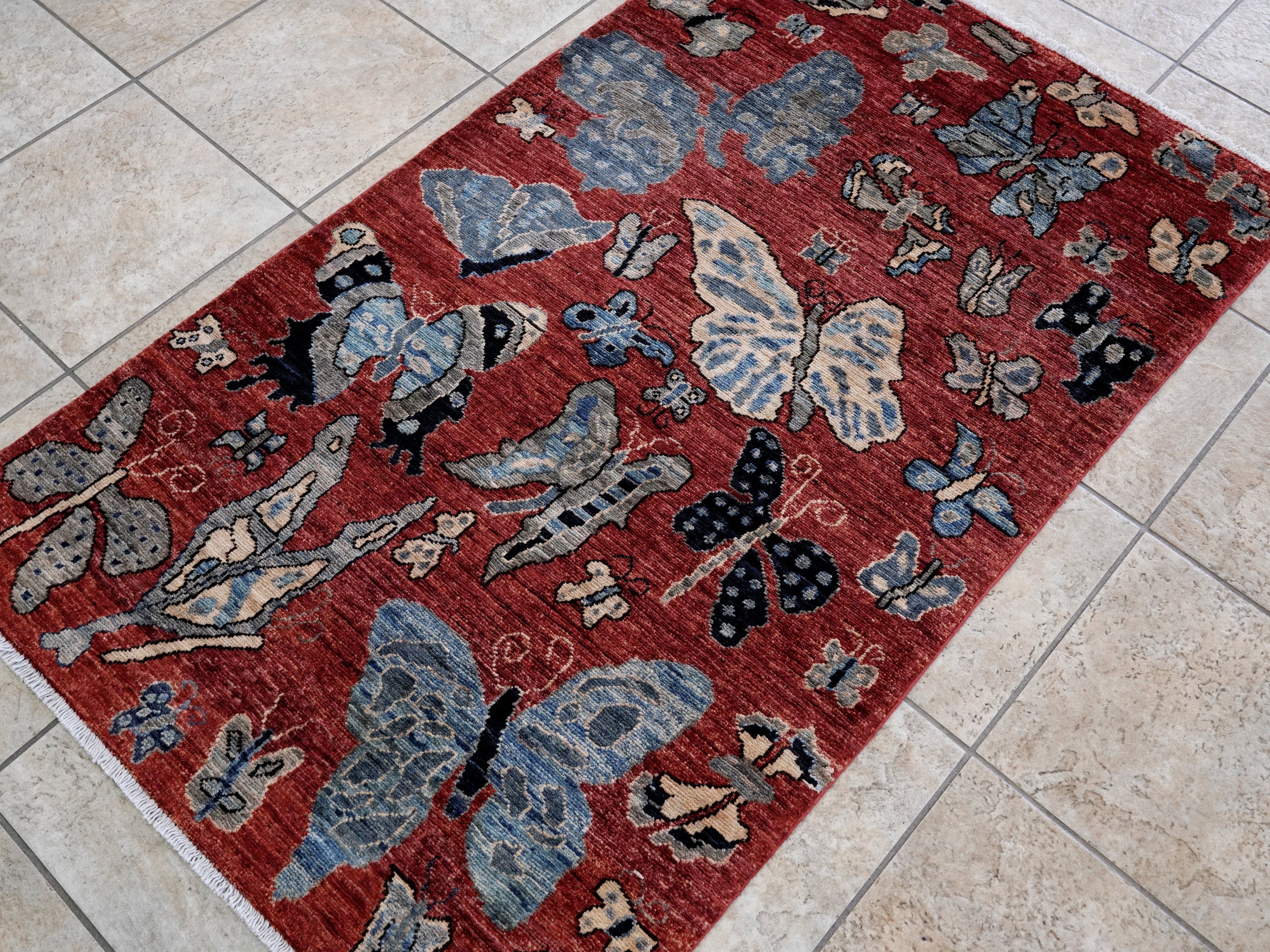 3x5 Ft Red Butterfly Rug - Hand Knotted Area Rug