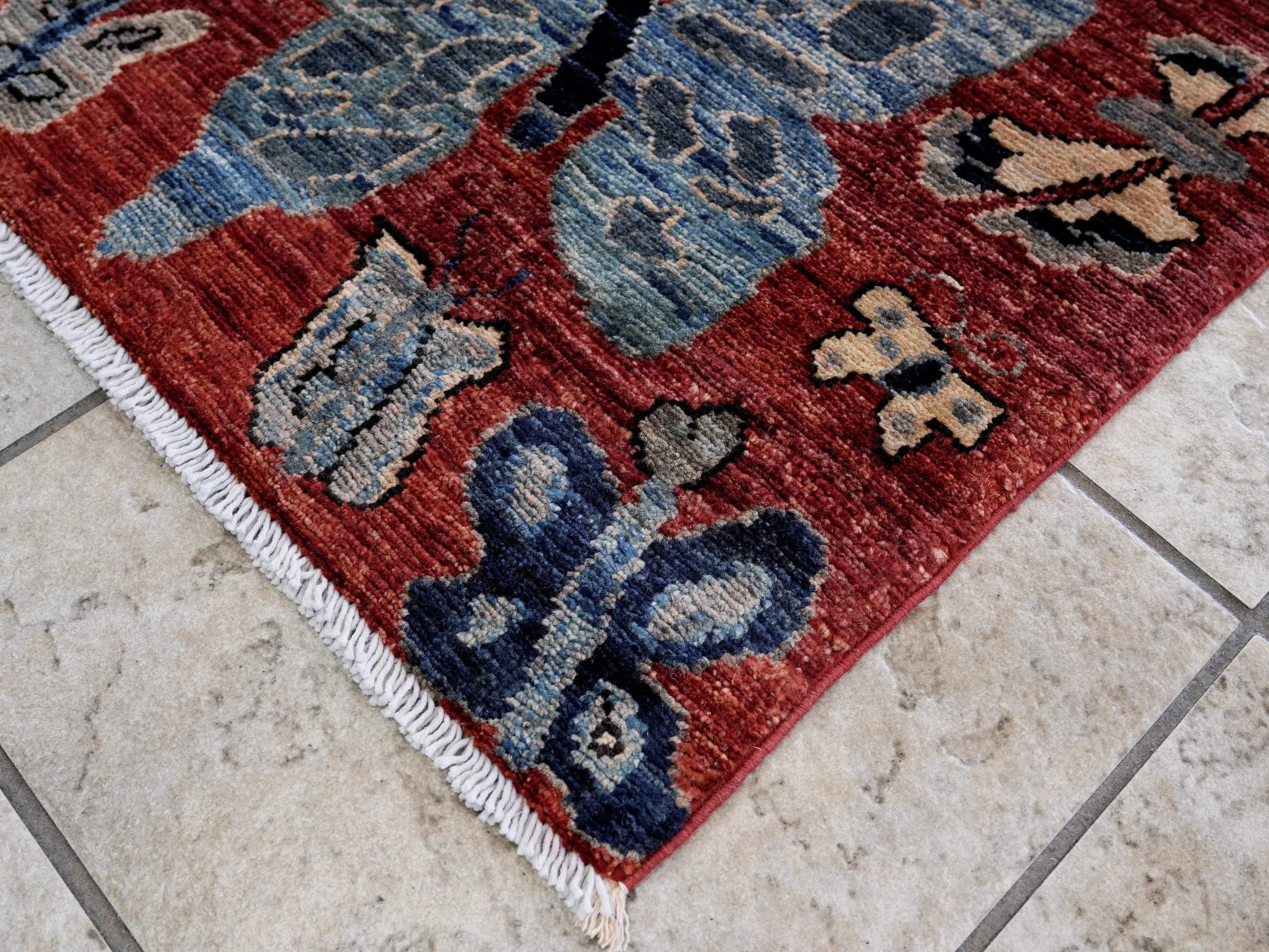 3x5 Ft Red Butterfly Rug - Hand Knotted Area Rug