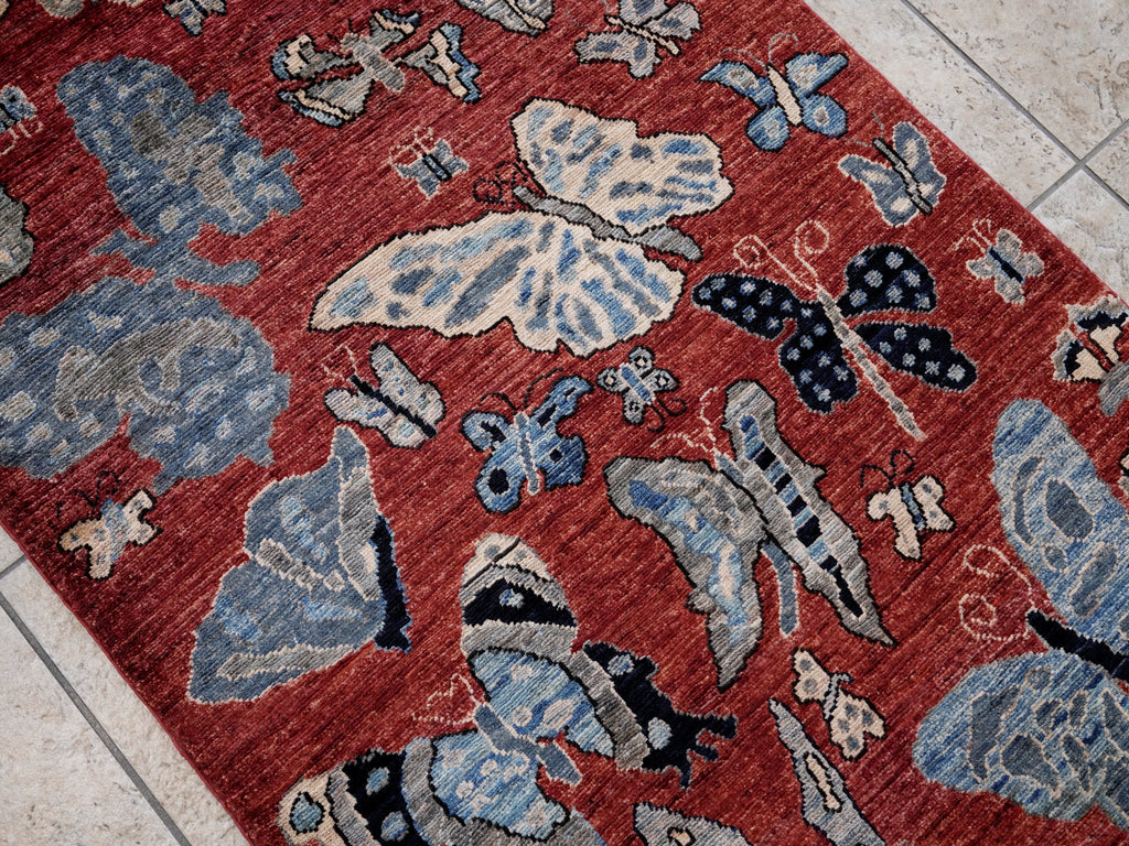 3x5 Ft Red Butterfly Rug - Hand Knotted Area Rug