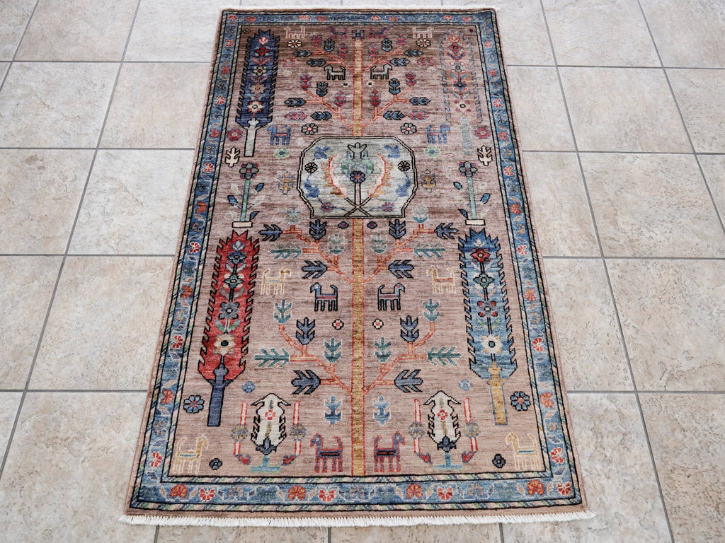 3x5 Ft Brown Afghan Floral Rug - Hand Knotted Area Rug