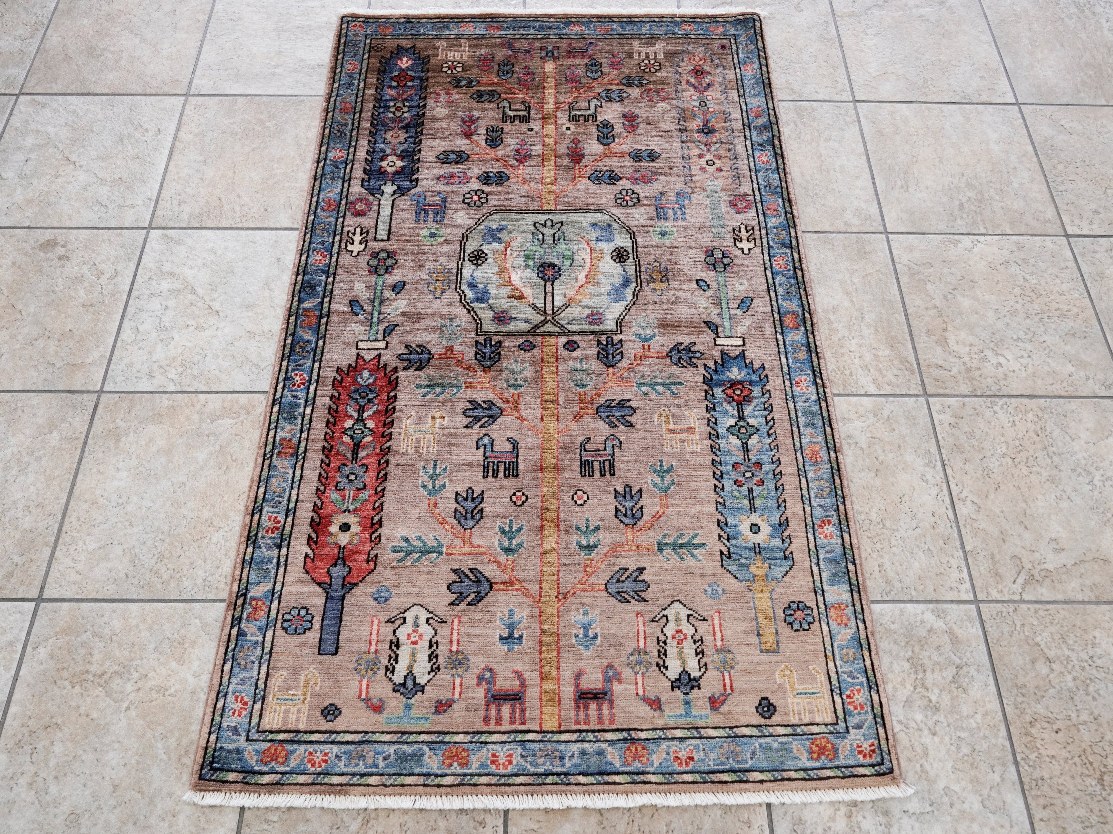 3x5 Ft Brown Afghan Floral Rug - Hand Knotted Area Rug