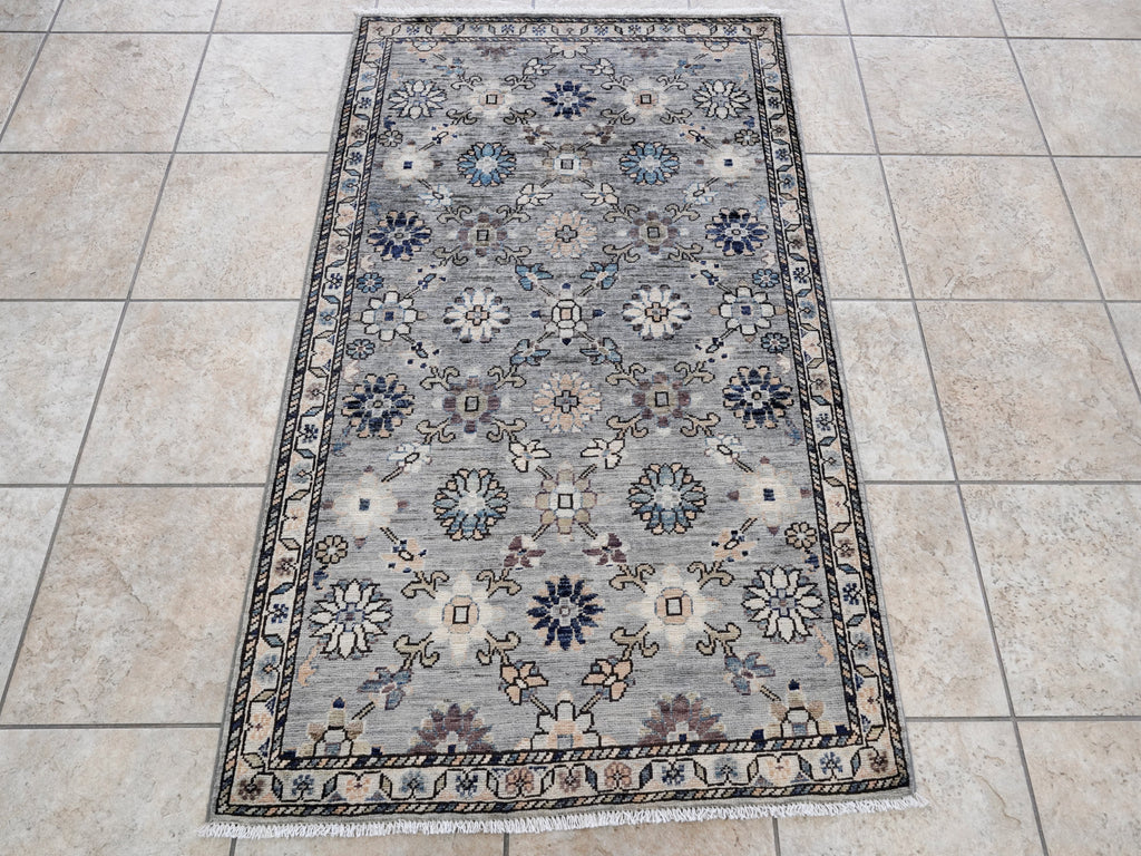 3x5 Ft Silver Floral Rug - Hand Knotted Afghan Rug