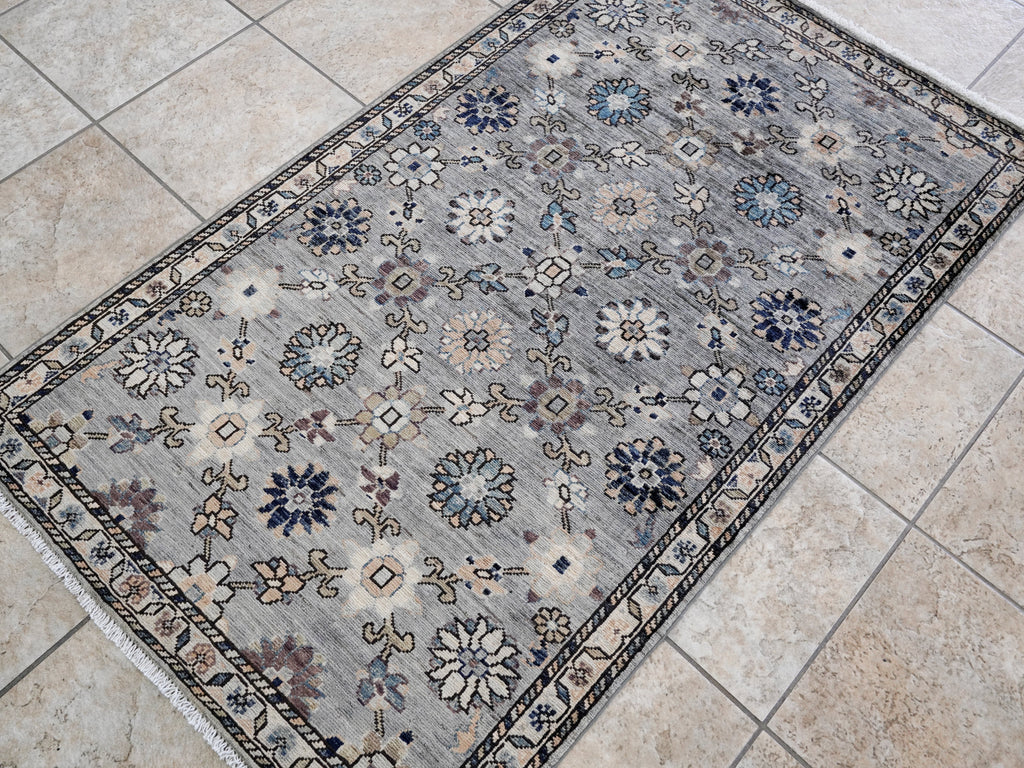 3x5 Ft Silver Floral Rug - Hand Knotted Afghan Rug
