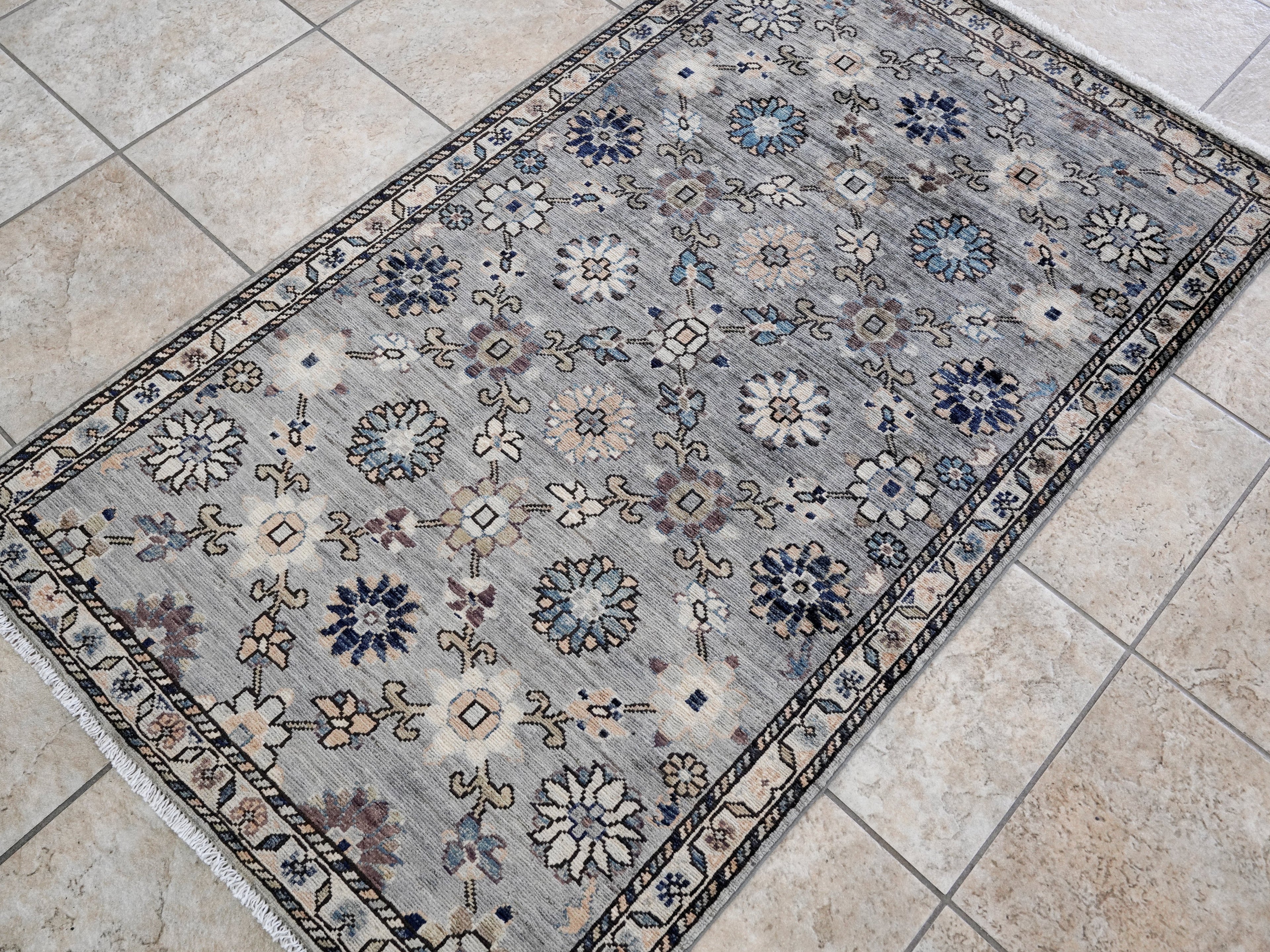 3x5 Ft Silver Floral Rug - Hand Knotted Afghan Rug