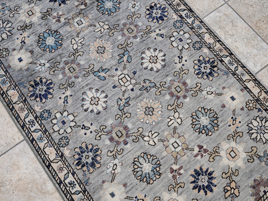 3x5 Ft Silver Floral Rug - Hand Knotted Afghan Rug