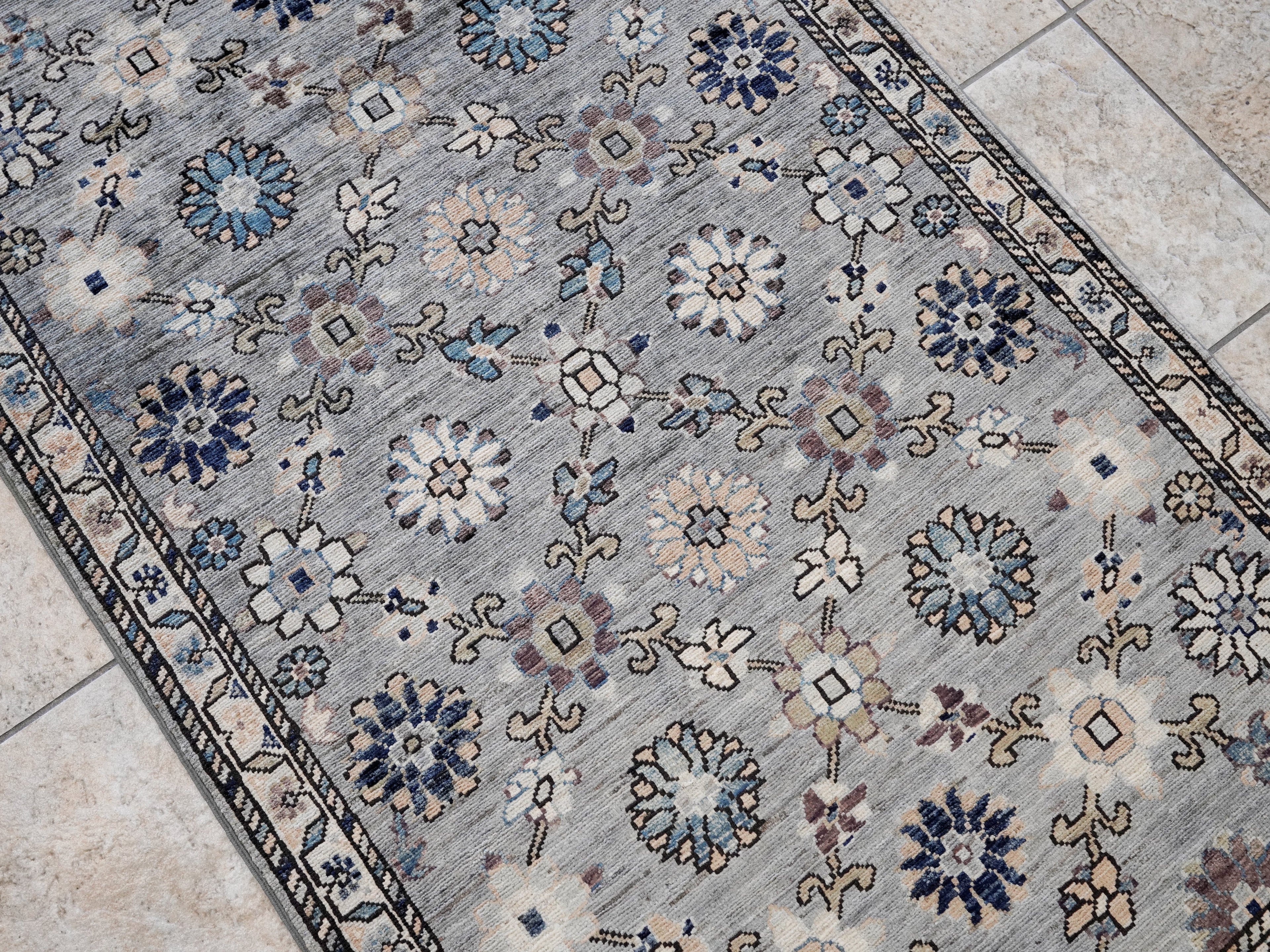 3x5 Ft Silver Floral Rug - Hand Knotted Afghan Rug