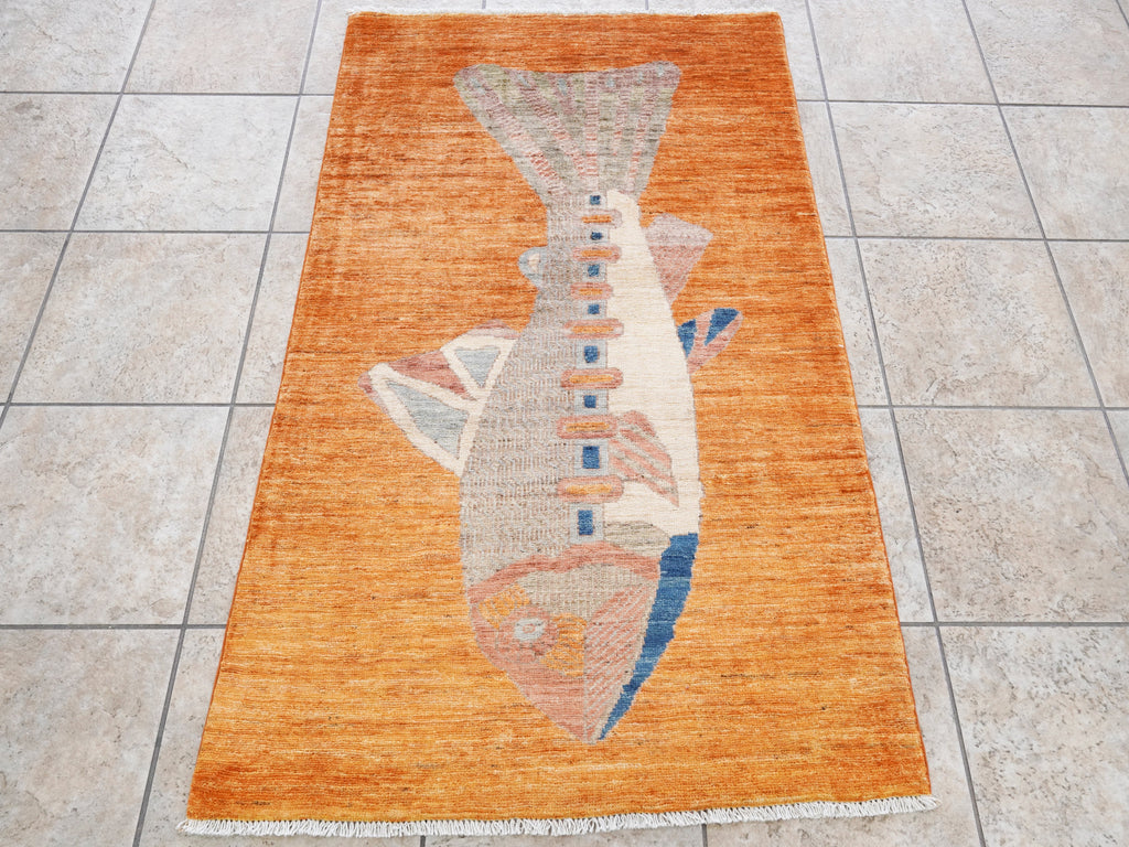 3x5 Ft Orange Fish Rug - Hand Knotted Afghan Rug - Animal Design