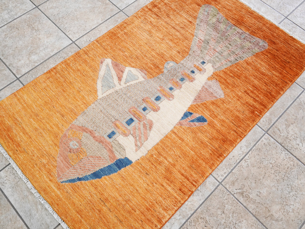 3x5 Ft Orange Fish Rug - Hand Knotted Afghan Rug - Animal Design