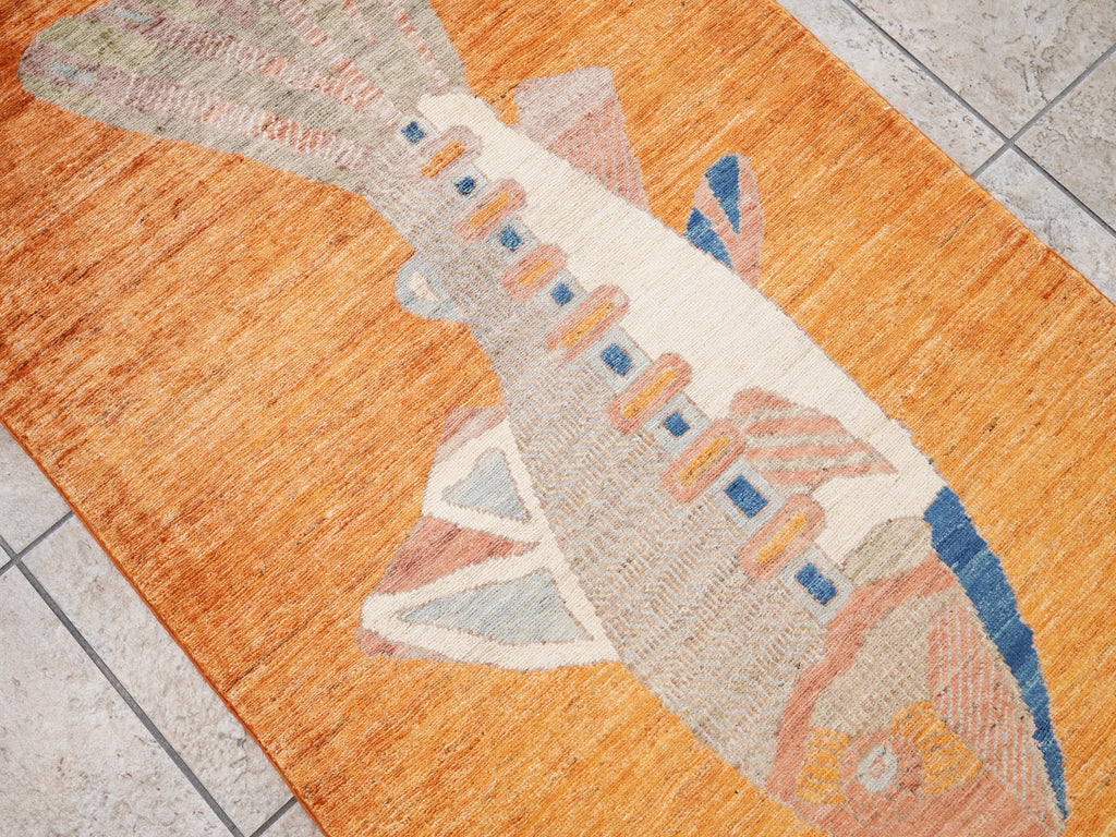 3x5 Ft Orange Fish Rug - Hand Knotted Afghan Rug - Animal Design