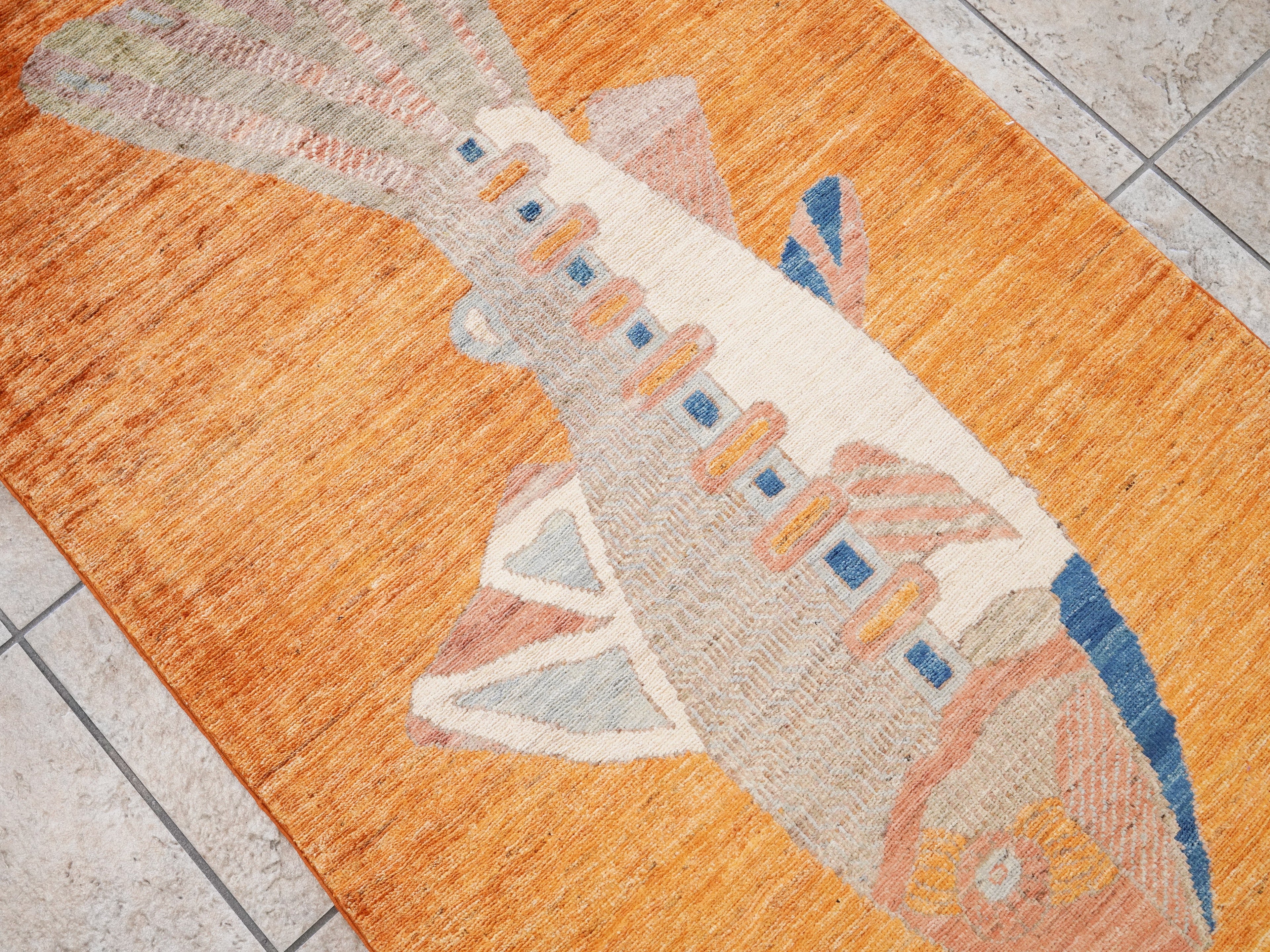 3x5 Ft Orange Fish Rug - Hand Knotted Afghan Rug - Animal Design