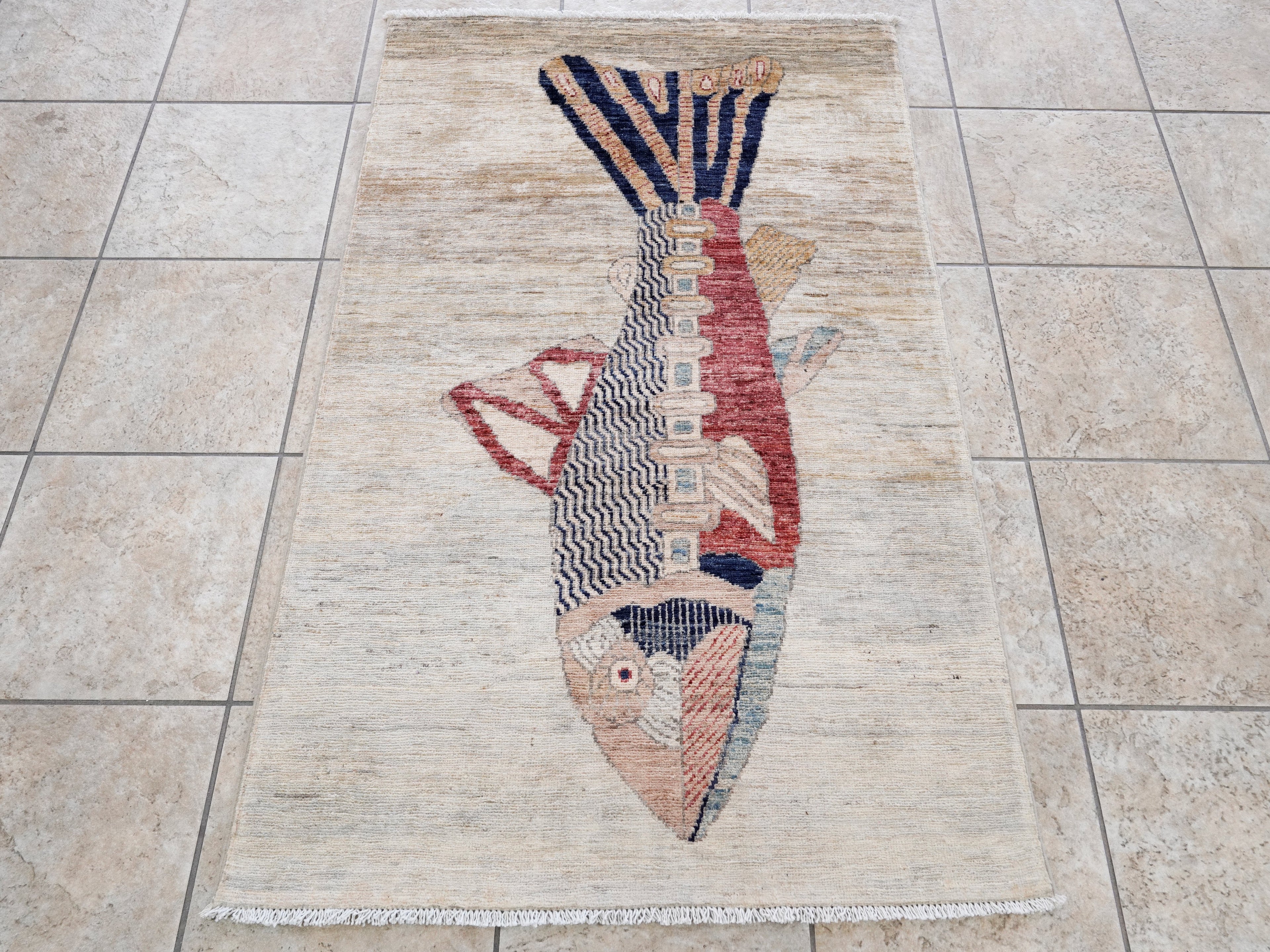 3x5 Ft Beige Fish Rug - Hand Knotted Afghan Rug - Animal Design