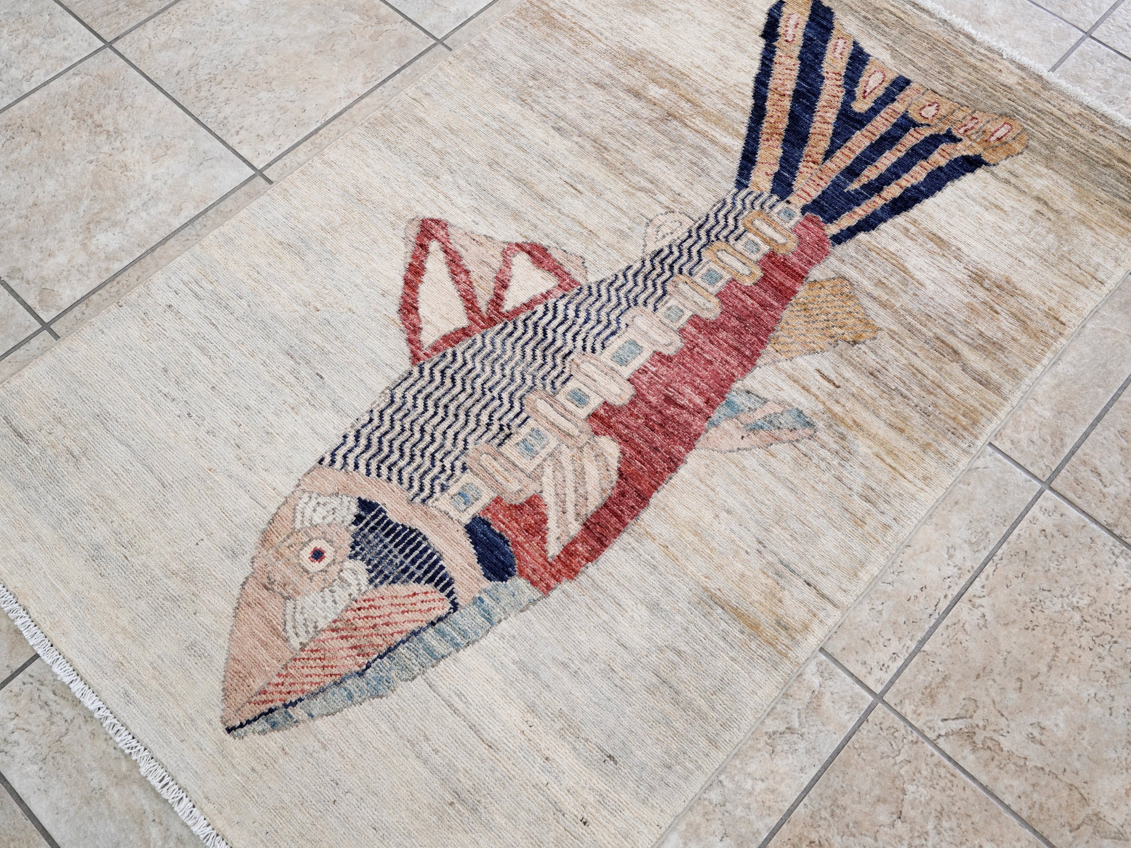 3x5 Ft Beige Fish Rug - Hand Knotted Afghan Rug - Animal Design