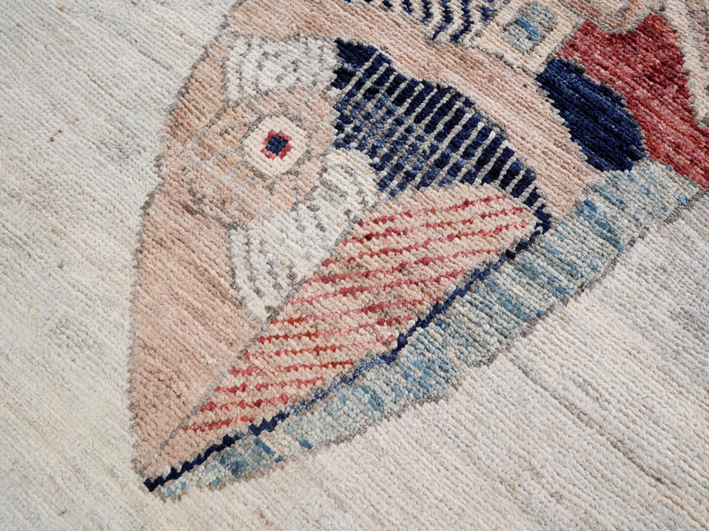 3x5 Ft Beige Fish Rug - Hand Knotted Afghan Rug - Animal Design