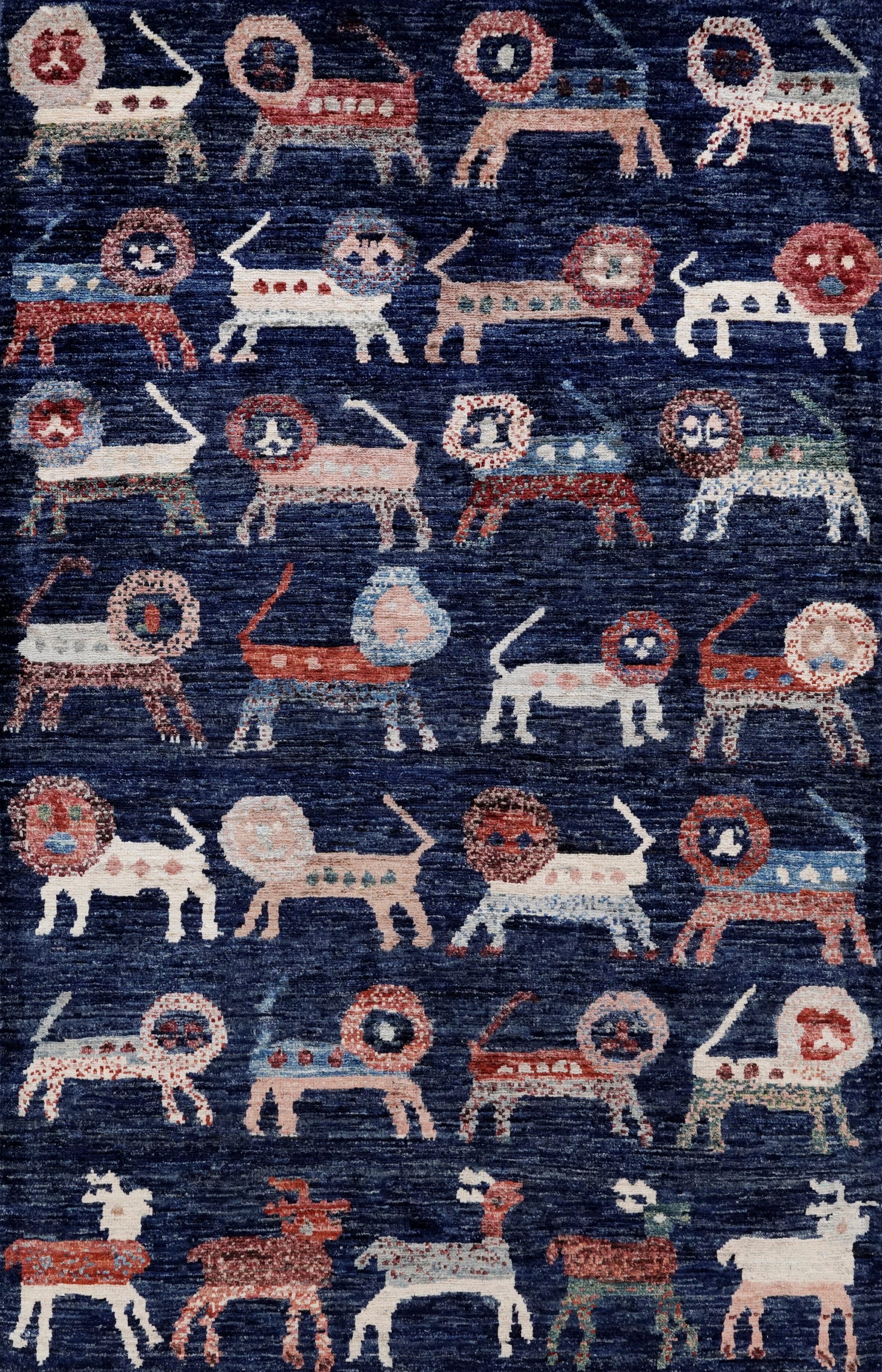 3x5 Ft Blue Lion Rug - Hand Knotted Afghan Rug - Animal Design