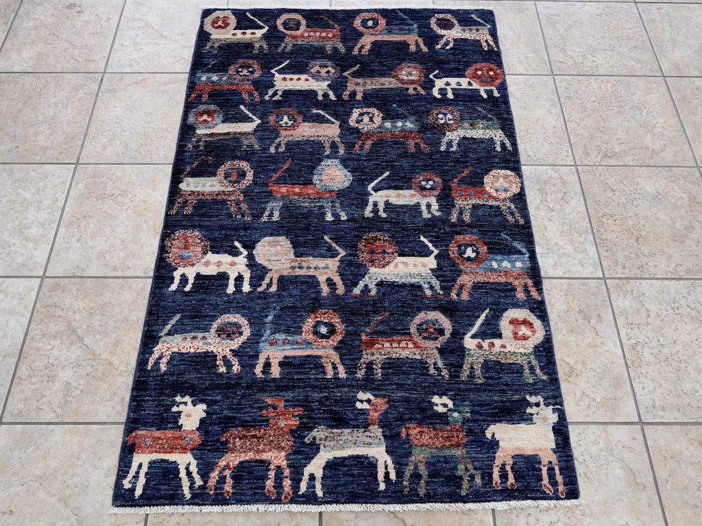 3x5 Ft Blue Lion Rug - Hand Knotted Afghan Rug - Animal Design