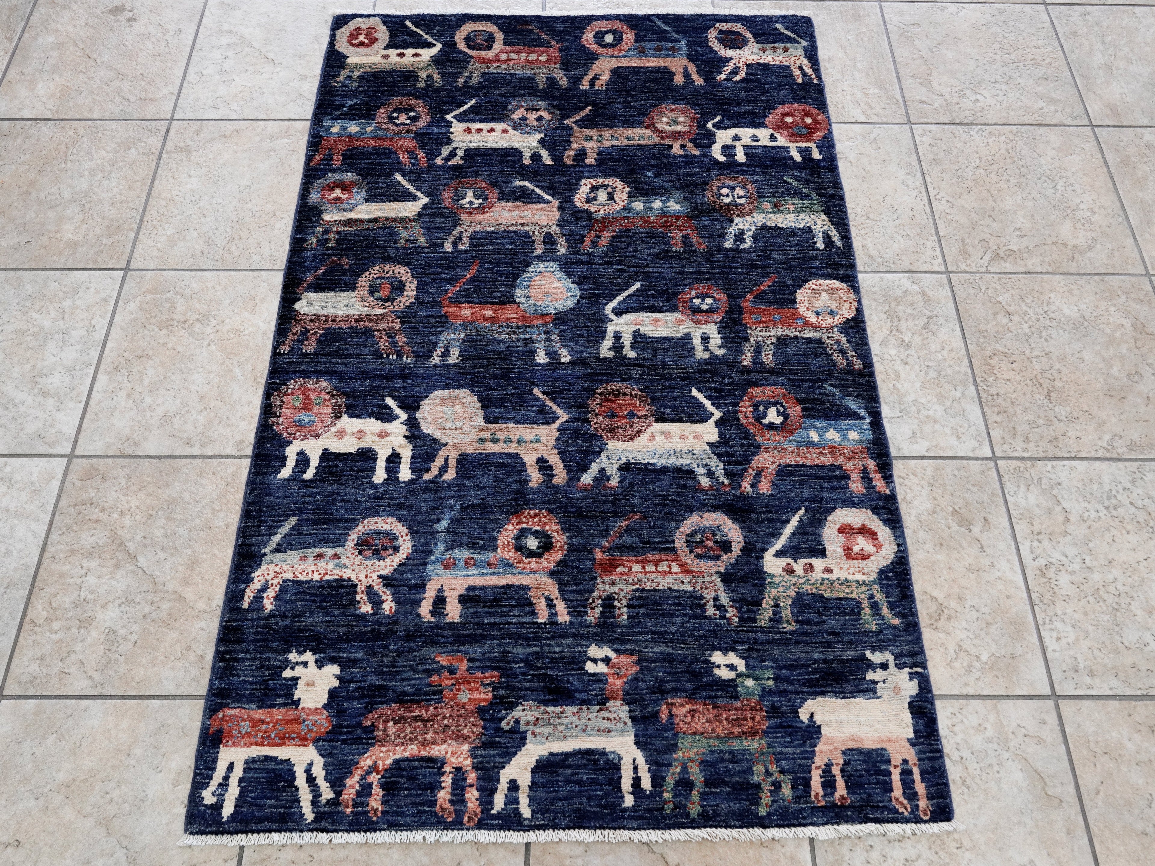 3x5 Ft Blue Lion Rug - Hand Knotted Afghan Rug - Animal Design