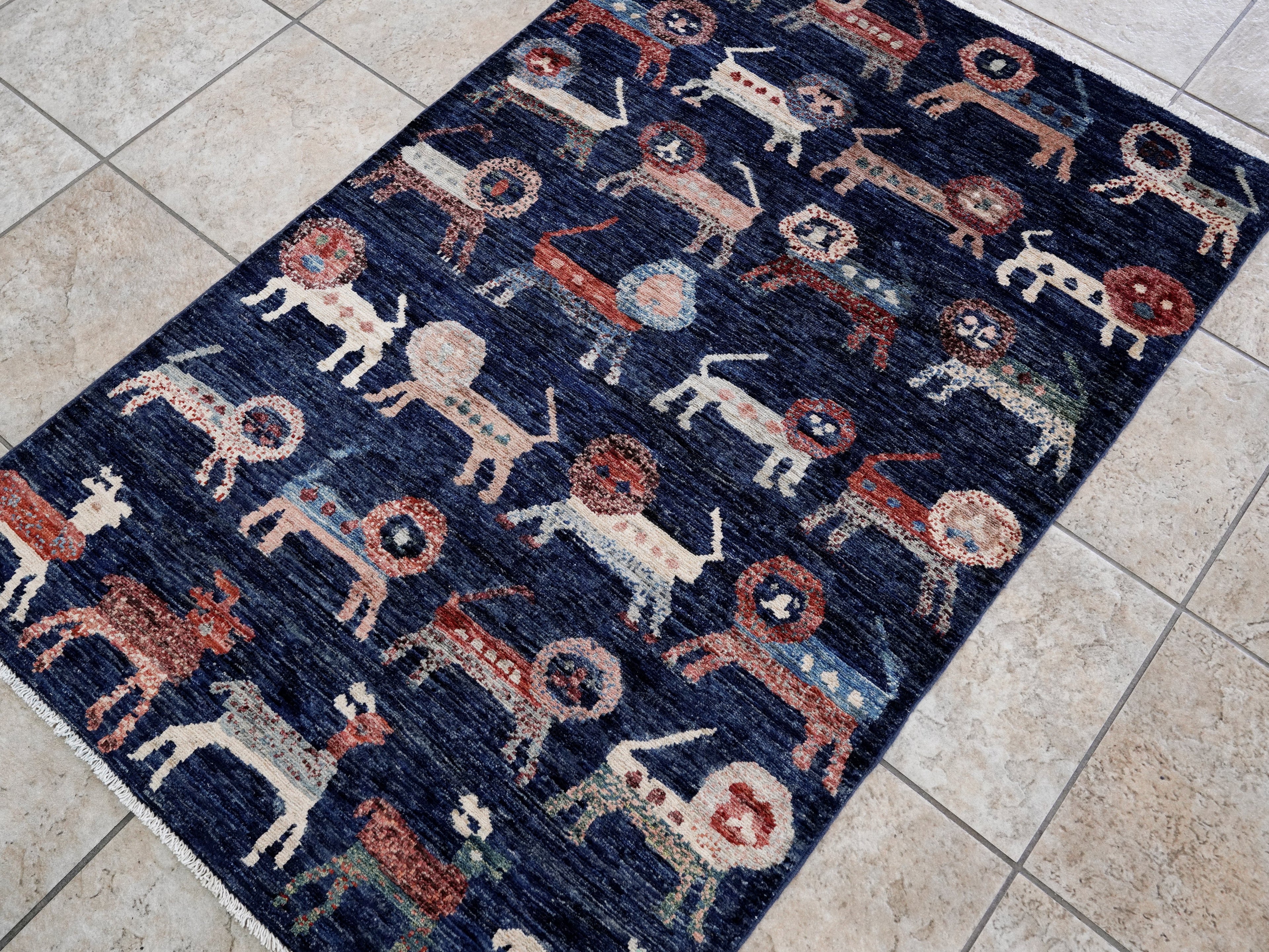 3x5 Ft Blue Lion Rug - Hand Knotted Afghan Rug - Animal Design