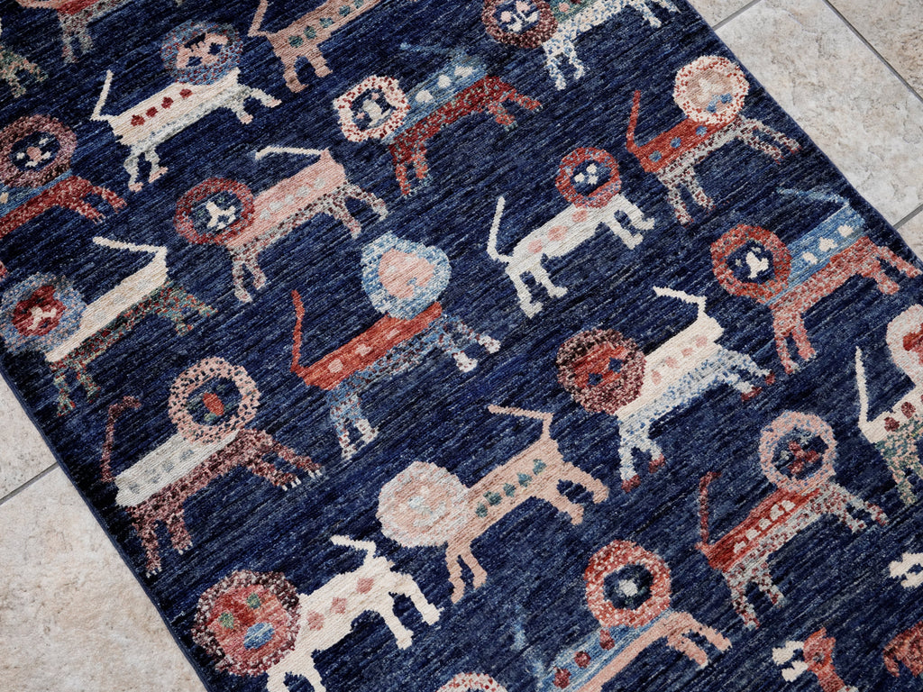 3x5 Ft Blue Lion Rug - Hand Knotted Afghan Rug - Animal Design