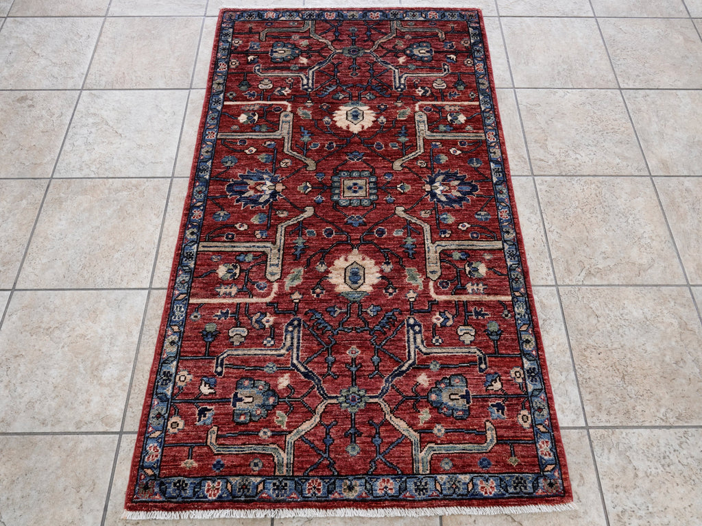 3x5 Ft Red Afghan Oriental Rug - Hand Knotted Area Rug