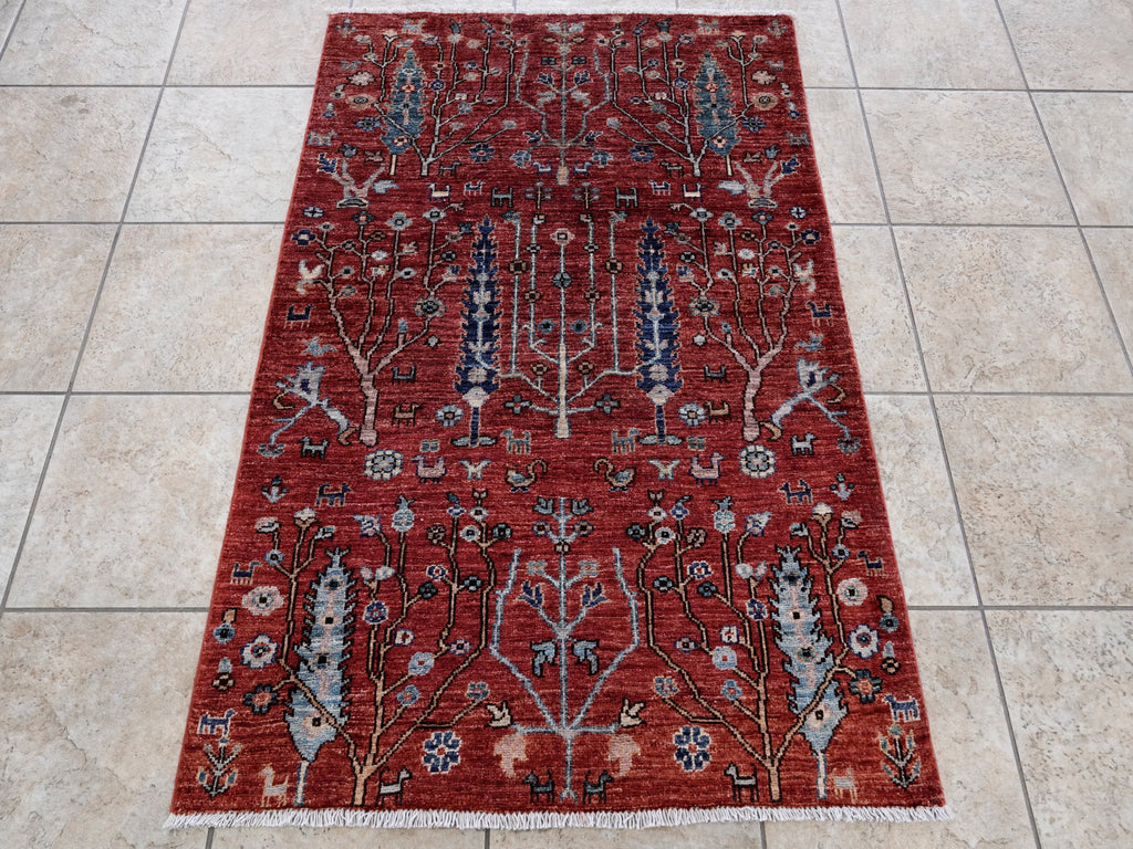 3x5 Ft Red Floral Rug - Hand Knotted Afghan Rug
