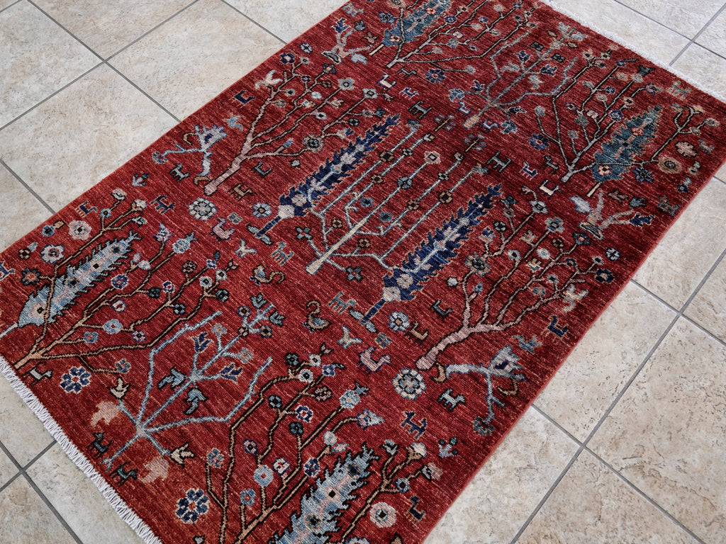 3x5 Ft Red Floral Rug - Hand Knotted Afghan Rug