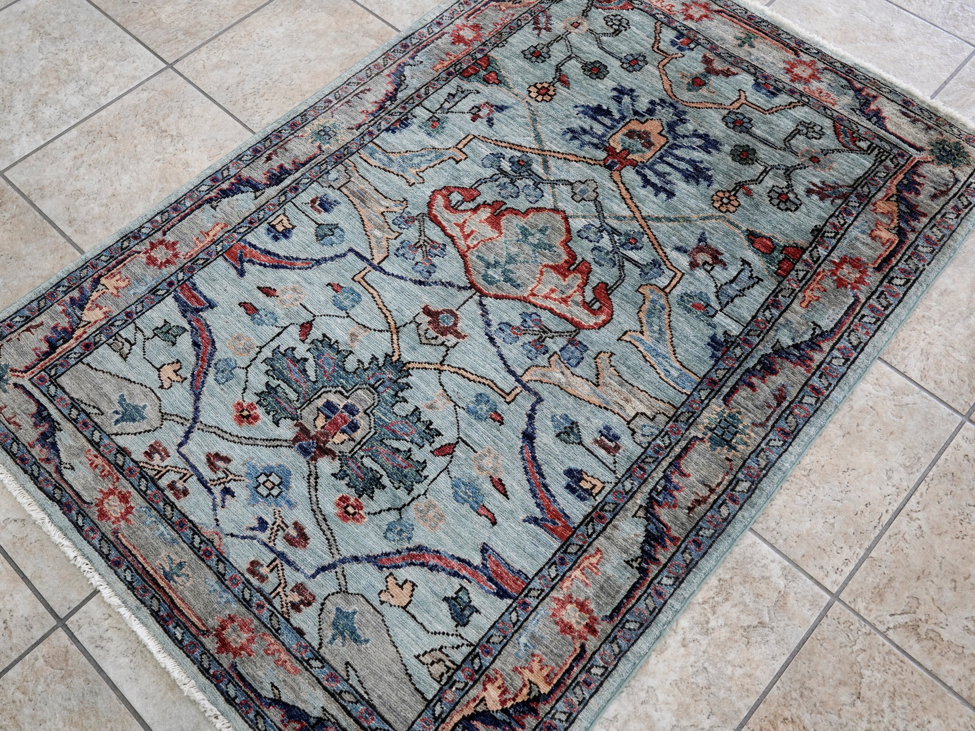 3x5 Ft Light Blue Afghan Oriental Rug - Hand Knotted Area Rug