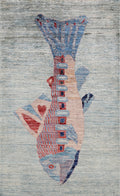 3x5 Ft Silver Fish Rug - Hand Knotted Afghan Rug - Animal Design