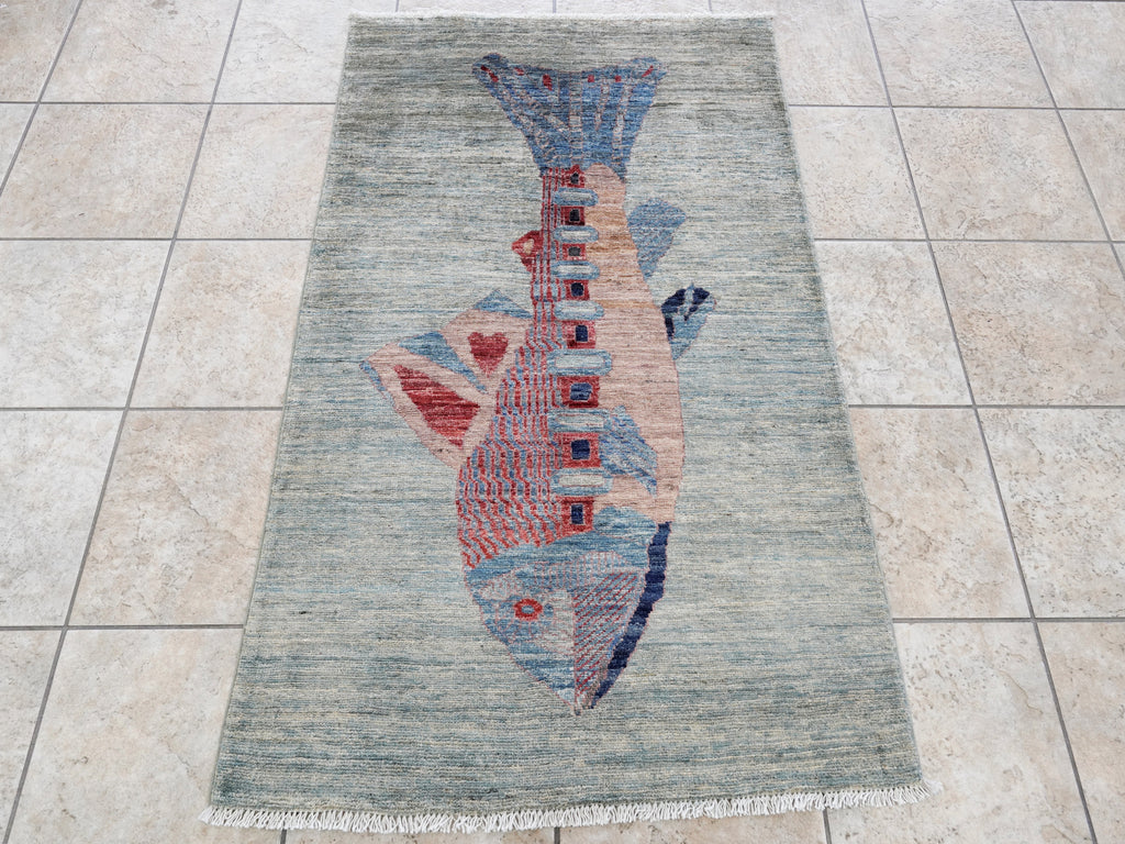 3x5 Ft Silver Fish Rug - Hand Knotted Afghan Rug - Animal Design