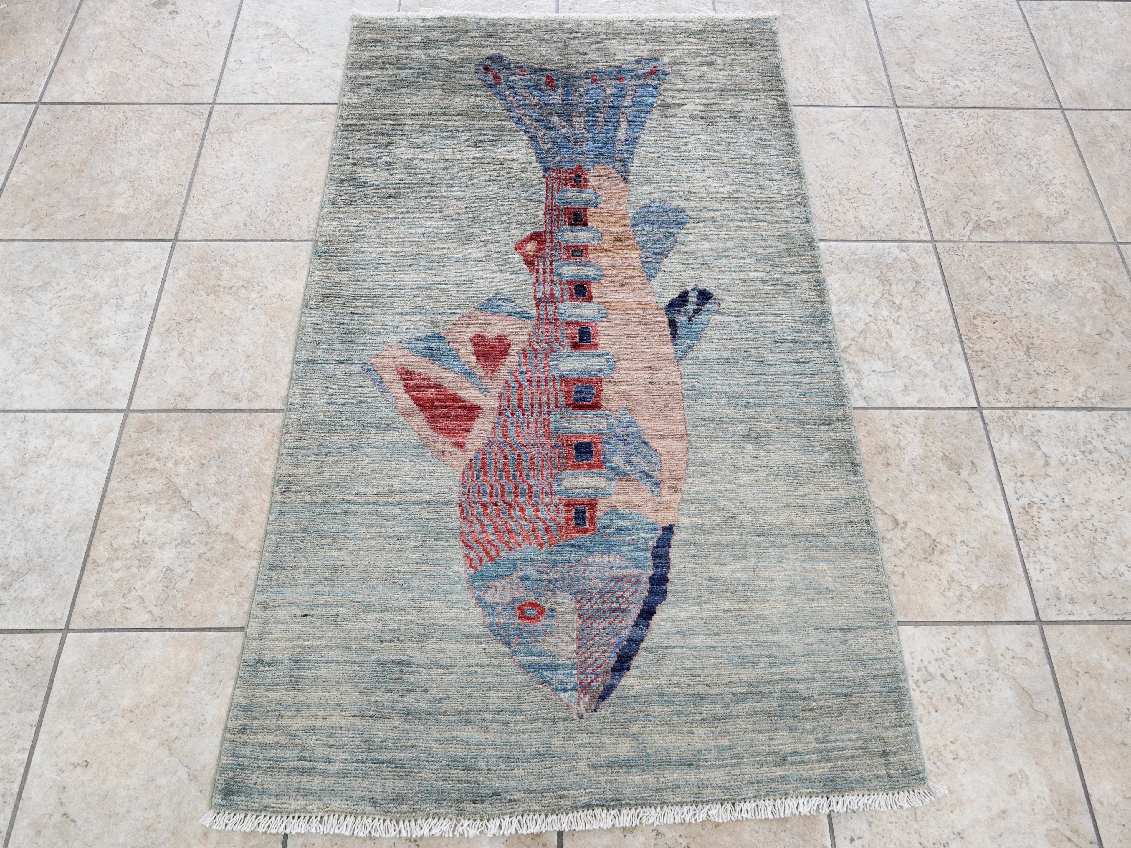 3x5 Ft Silver Fish Rug - Hand Knotted Afghan Rug - Animal Design