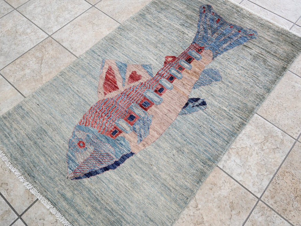 3x5 Ft Silver Fish Rug - Hand Knotted Afghan Rug - Animal Design