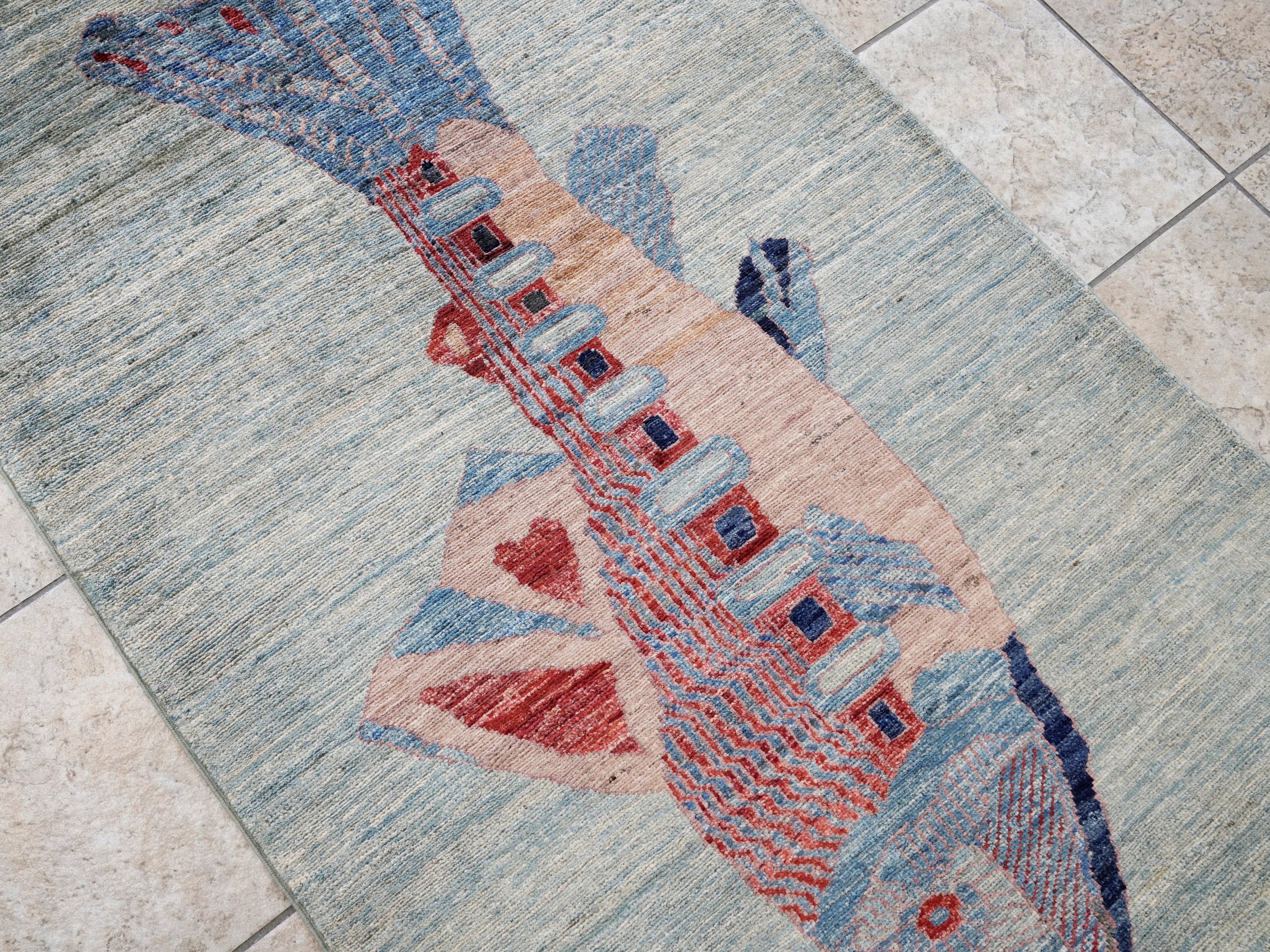 3x5 Ft Silver Fish Rug - Hand Knotted Afghan Rug - Animal Design
