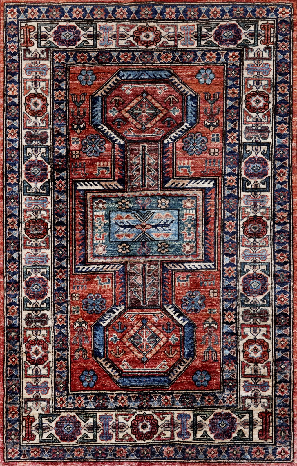 3x5 Ft Red Afghan Oriental Rug - Hand Knotted Wool Rug