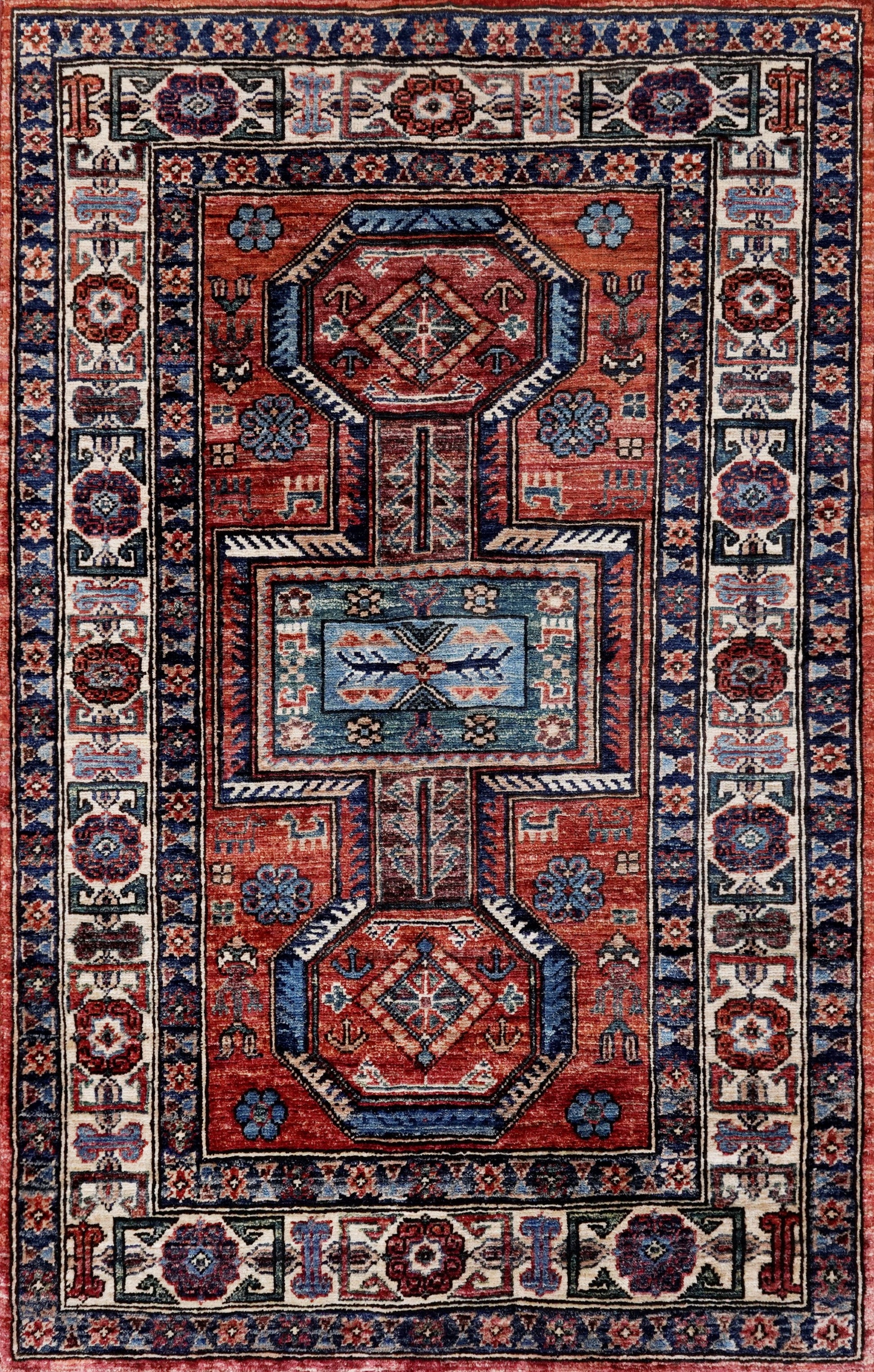 3x5 Ft Red Afghan Oriental Rug - Hand Knotted Wool Rug