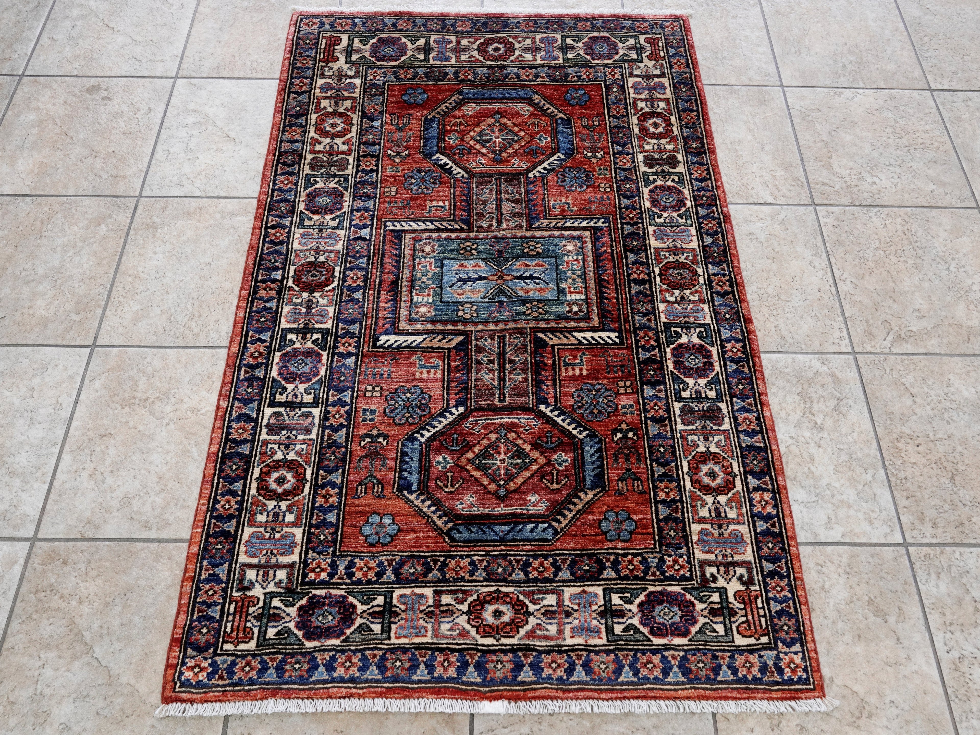 3x5 Ft Red Afghan Oriental Rug - Hand Knotted Wool Rug
