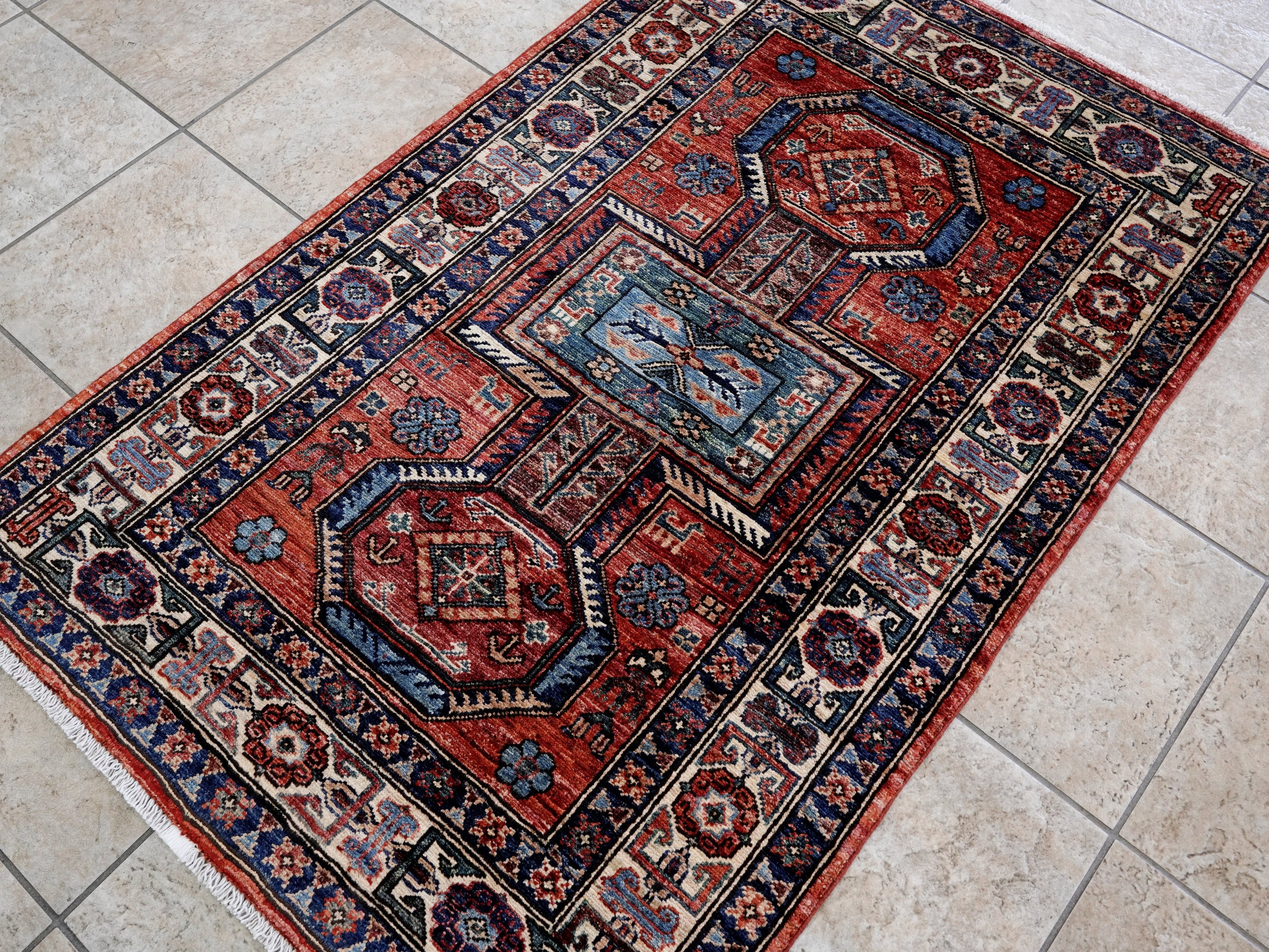 3x5 Ft Red Afghan Oriental Rug - Hand Knotted Wool Rug