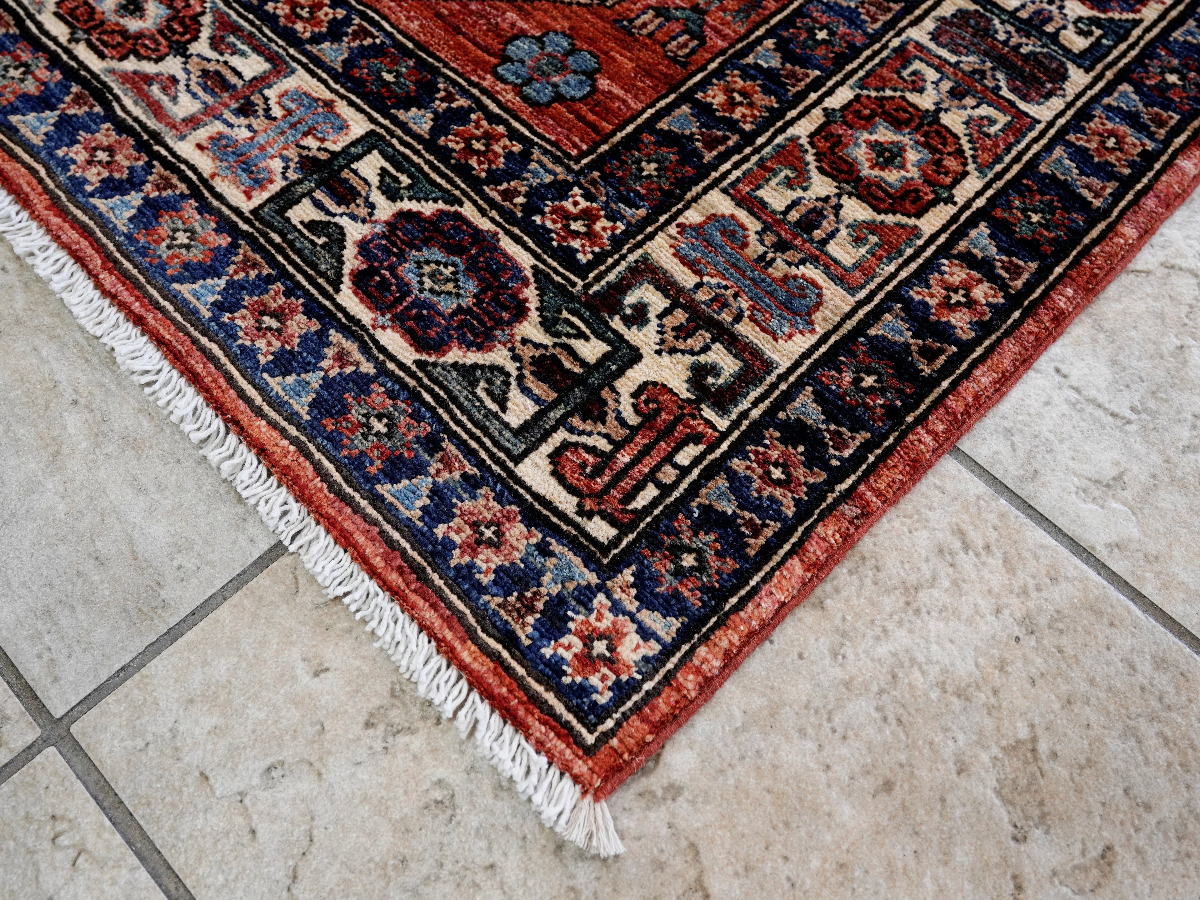 3x5 Ft Red Afghan Oriental Rug - Hand Knotted Wool Rug