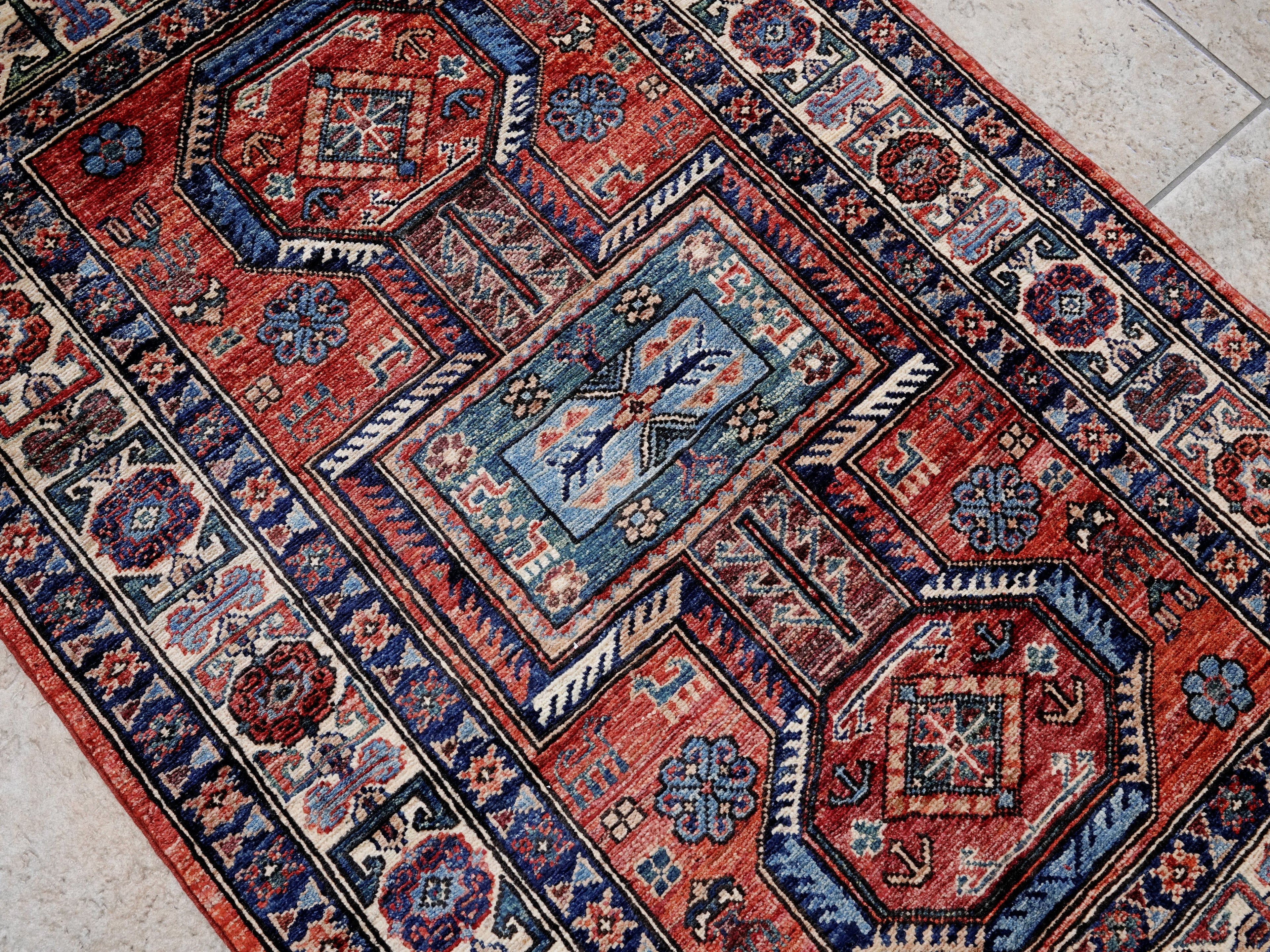 3x5 Ft Red Afghan Oriental Rug - Hand Knotted Wool Rug