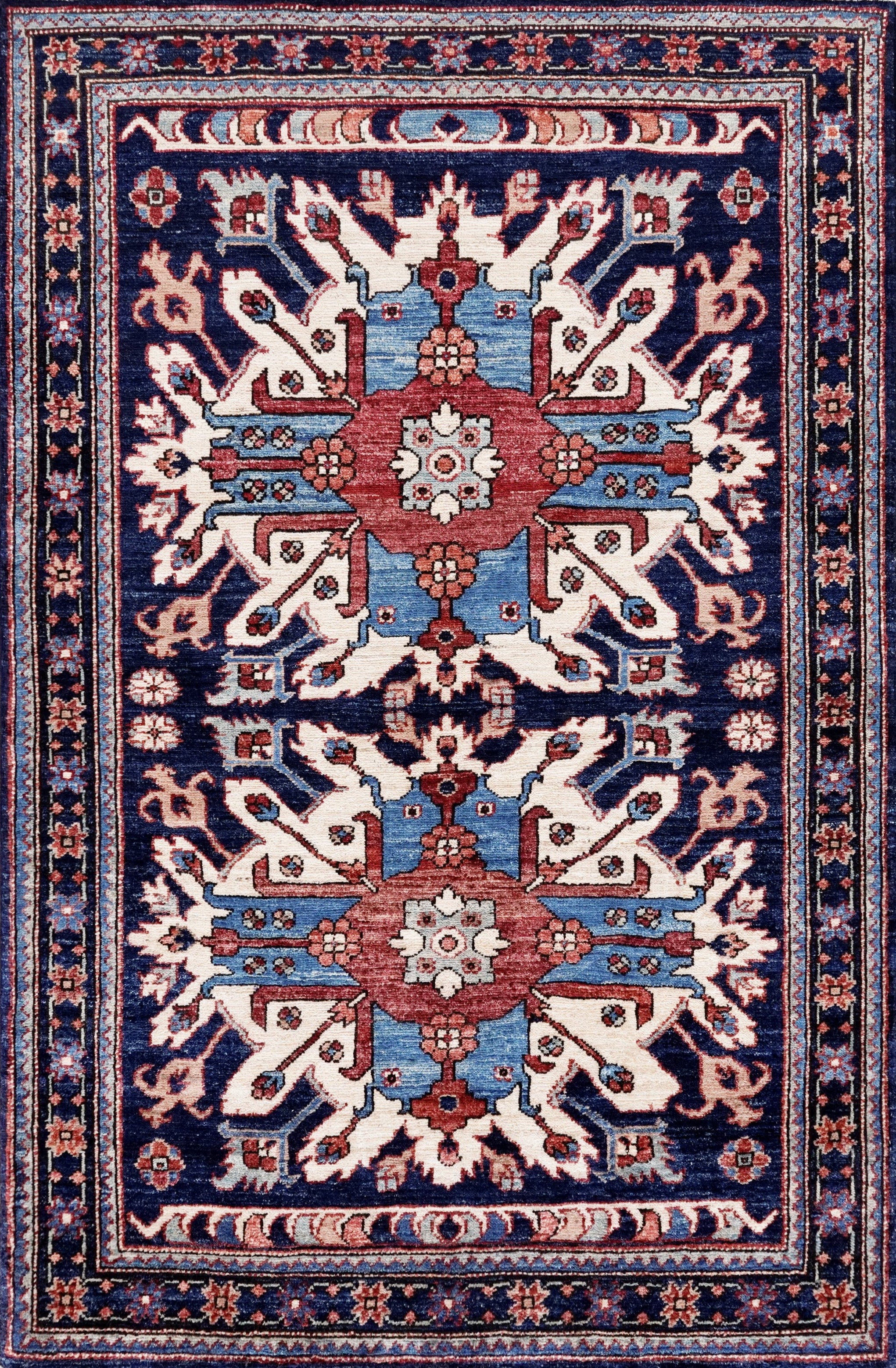 3x5 Ft Blue Afghan Oriental Rug - Hand Knotted Wool Rug