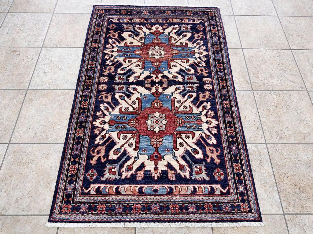 3x5 Ft Blue Afghan Oriental Rug - Hand Knotted Wool Rug