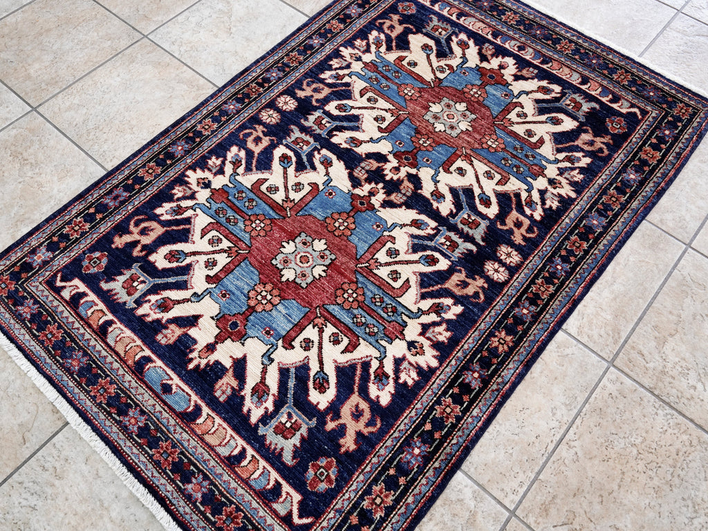 3x5 Ft Blue Afghan Oriental Rug - Hand Knotted Wool Rug
