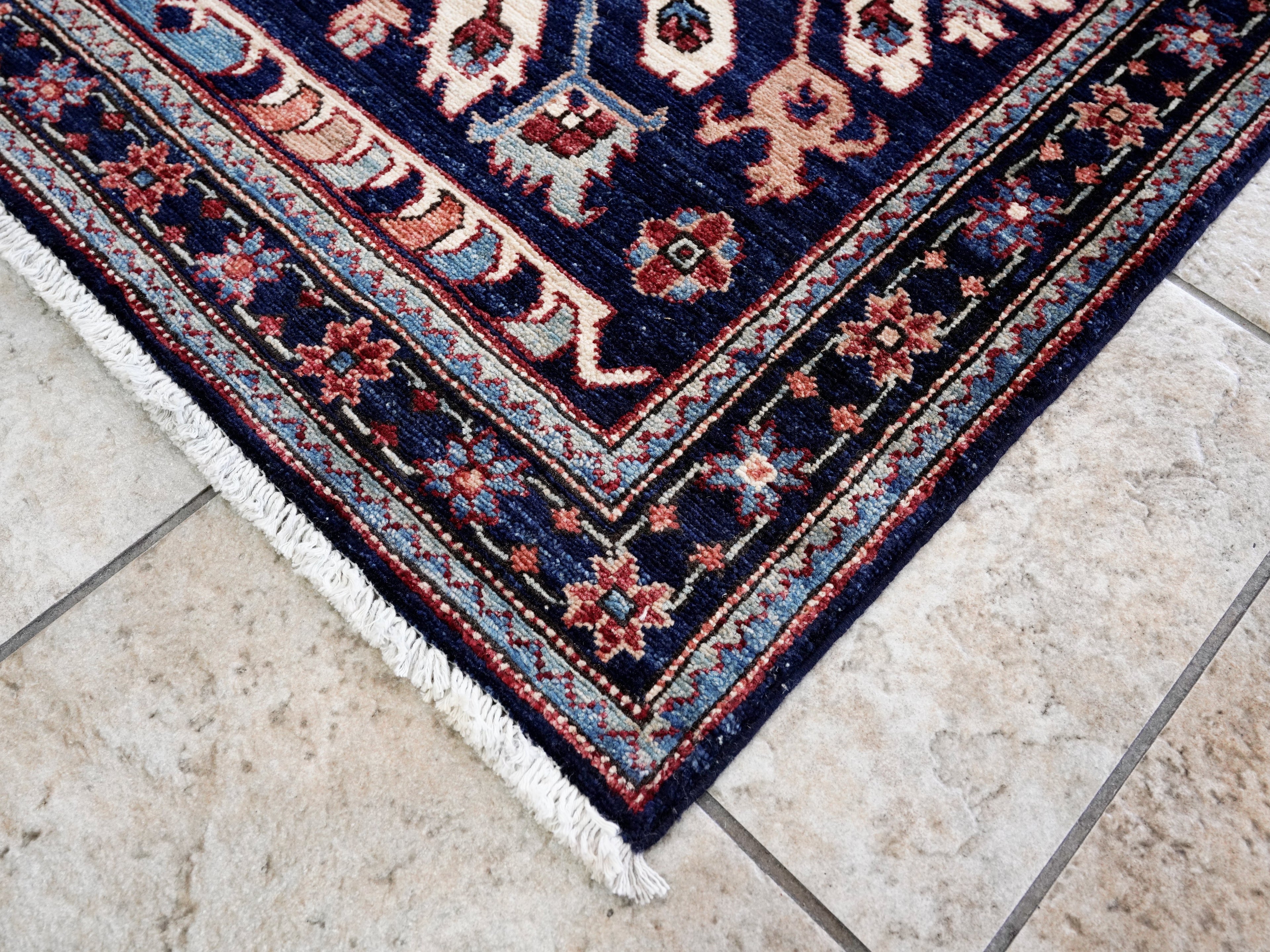 3x5 Ft Blue Afghan Oriental Rug - Hand Knotted Wool Rug