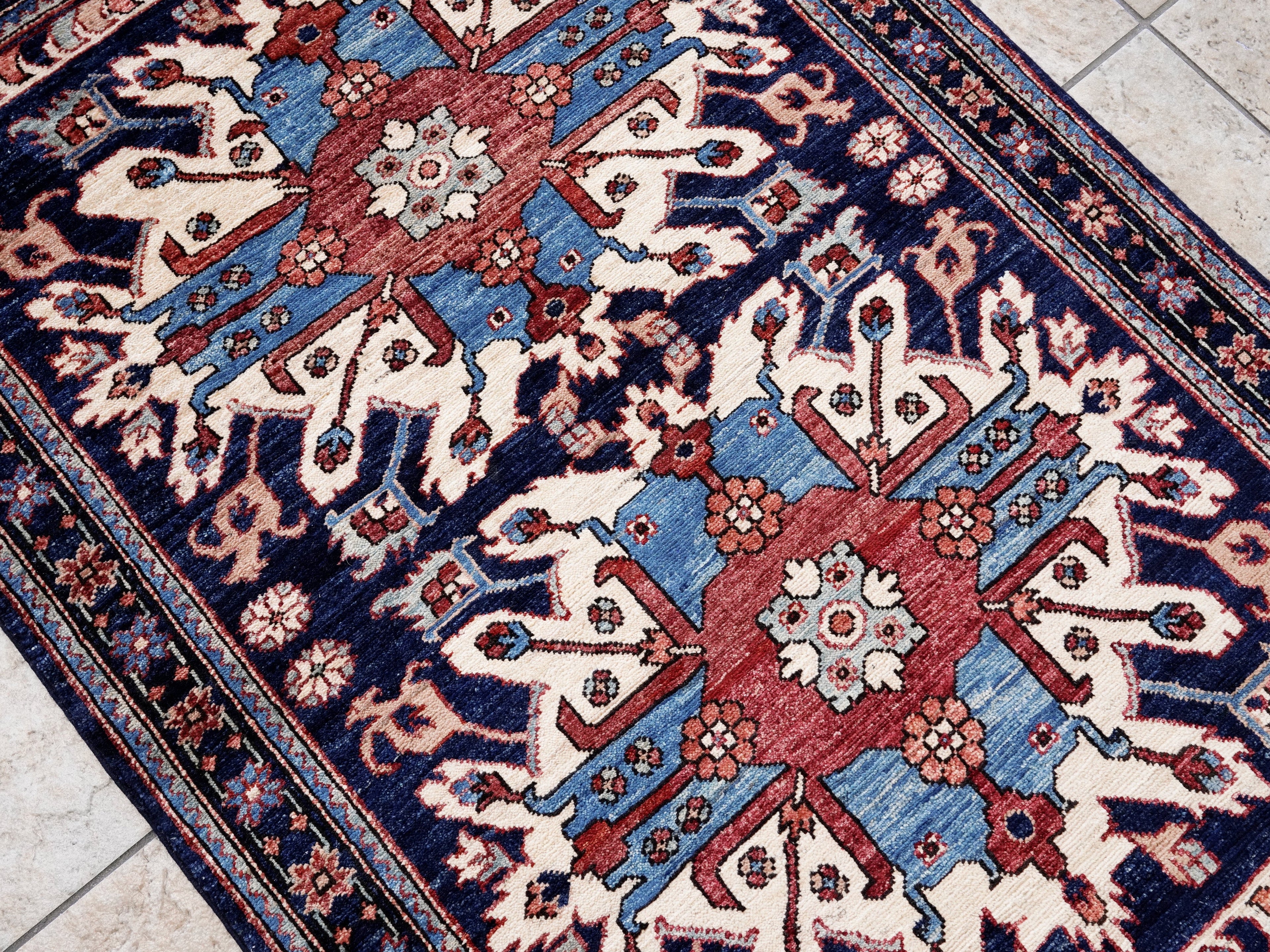 3x5 Ft Blue Afghan Oriental Rug - Hand Knotted Wool Rug
