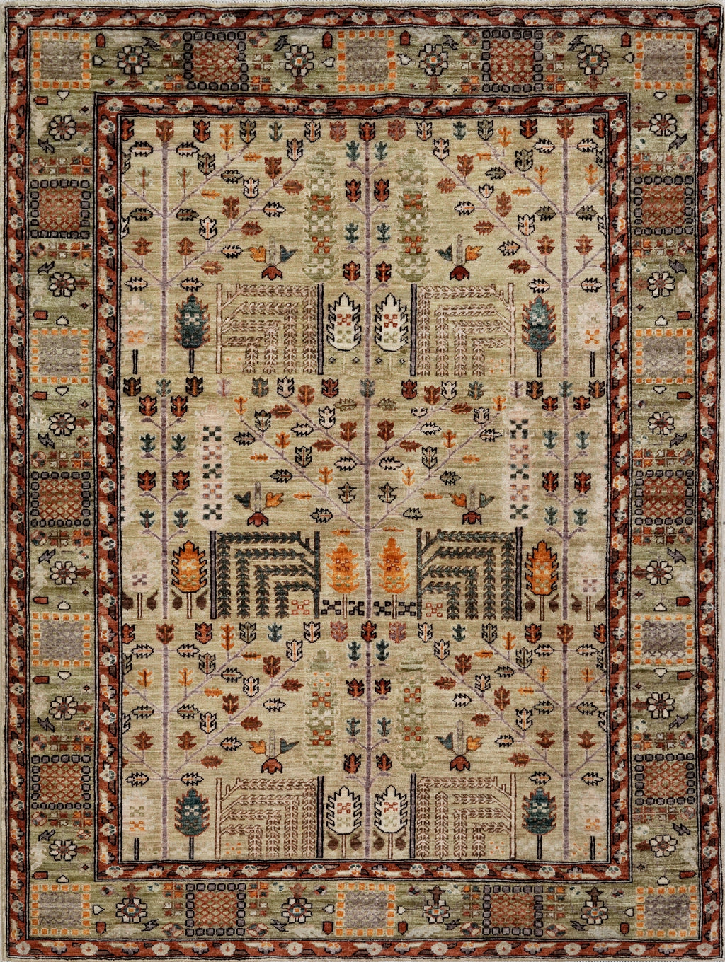 5x7 Ft Green Oriental Rug - Hand Knotted Afghan Rug - Floral Design