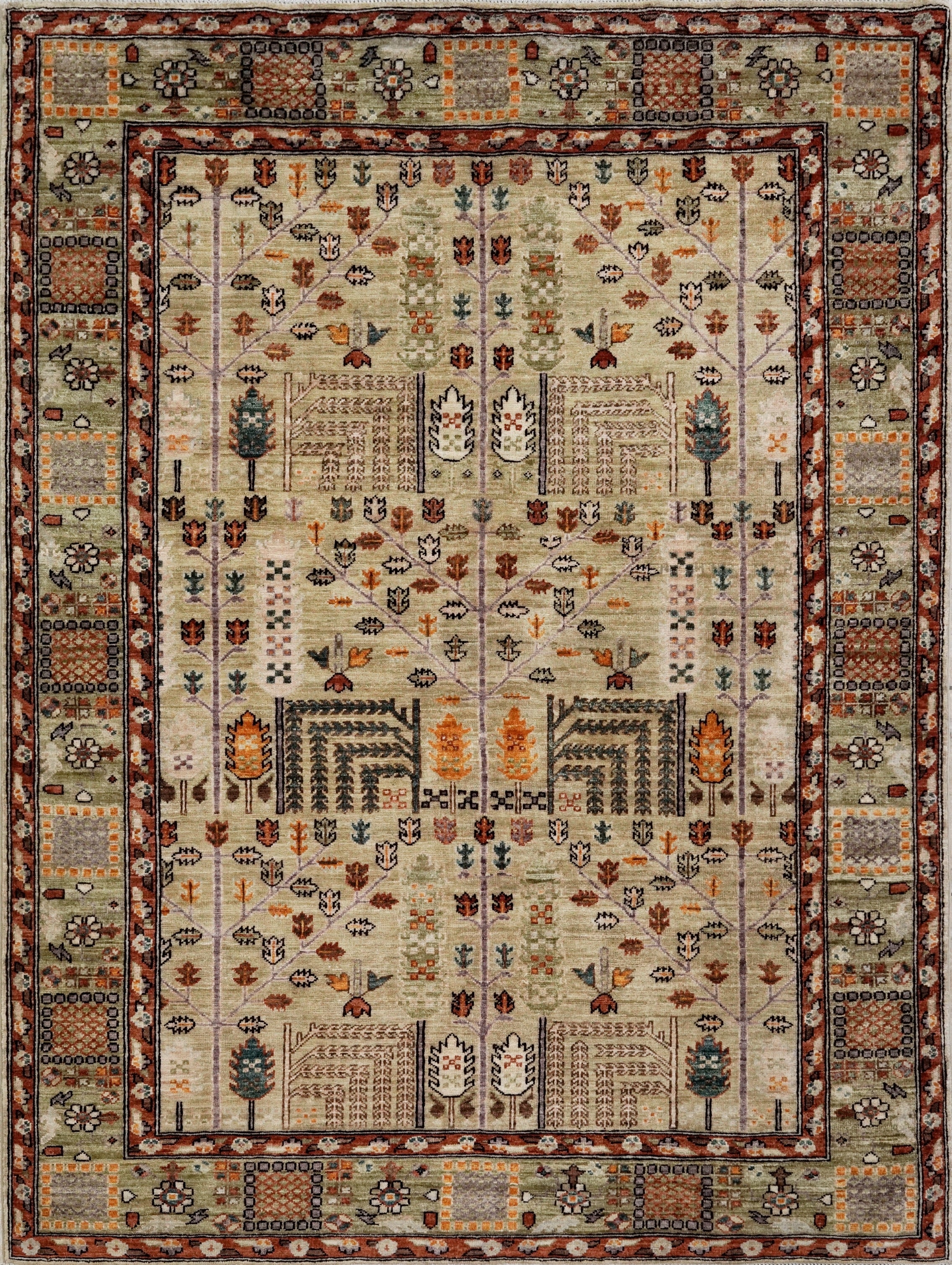 5x7 Ft Green Oriental Rug - Hand Knotted Afghan Rug - Floral Design
