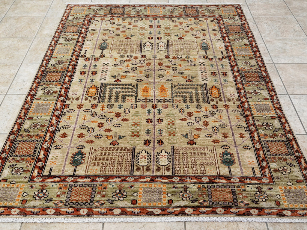 5x7 Ft Green Oriental Rug - Hand Knotted Afghan Rug - Floral Design