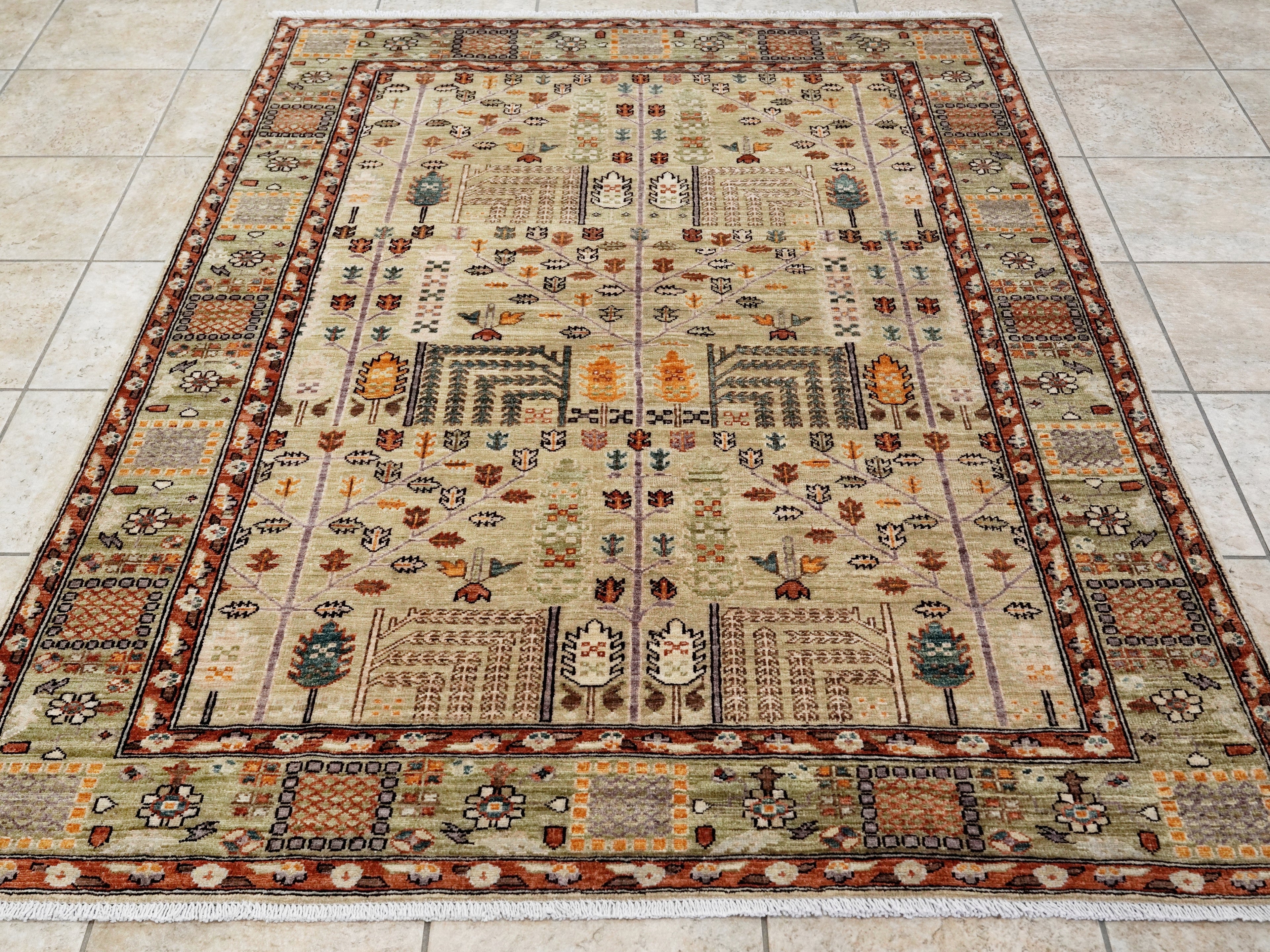 5x7 Ft Green Oriental Rug - Hand Knotted Afghan Rug - Floral Design