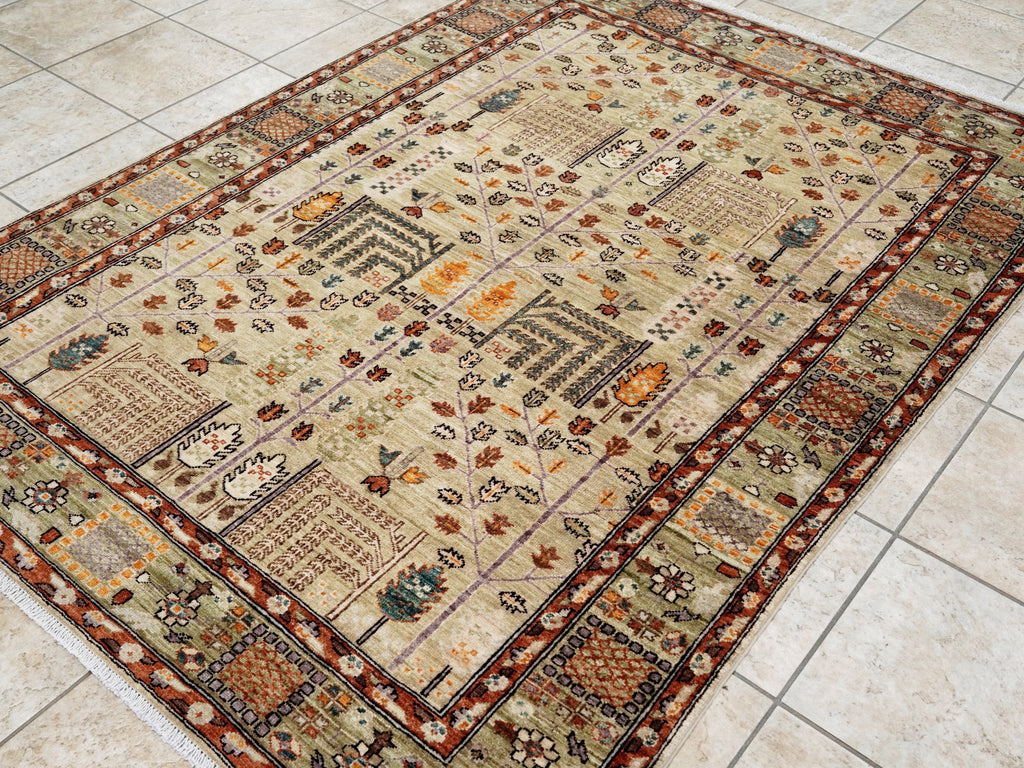 5x7 Ft Green Oriental Rug - Hand Knotted Afghan Rug - Floral Design