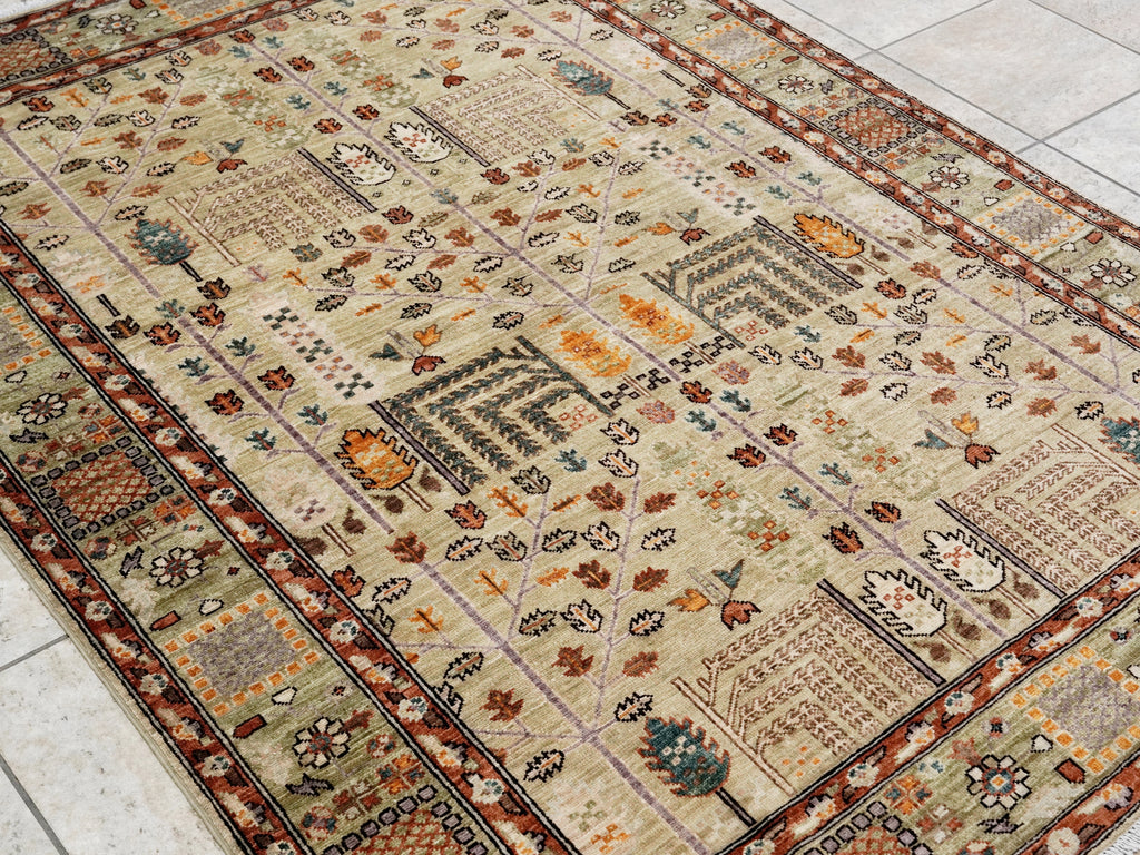 5x7 Ft Green Oriental Rug - Hand Knotted Afghan Rug - Floral Design