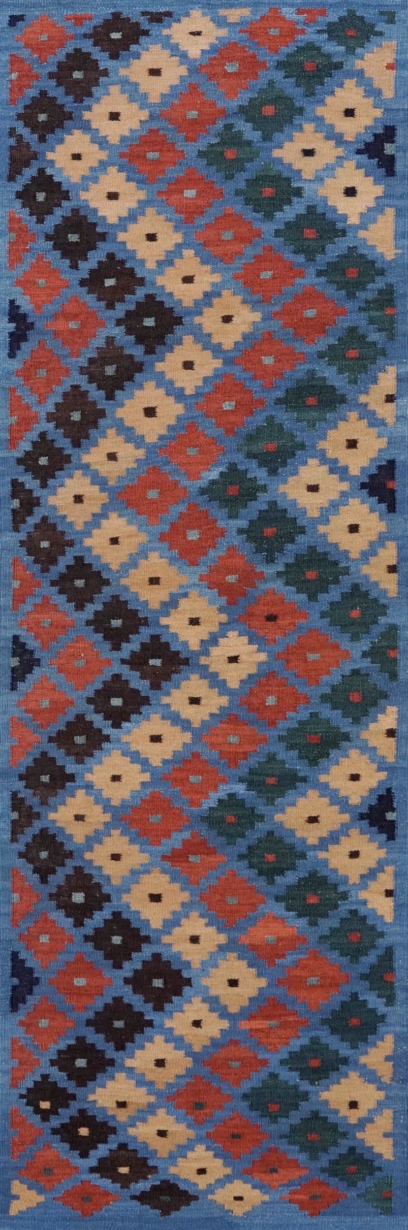 8 Ft Blue Contemporary Killim Runner Rug  - Handwoven Flatweave Runner